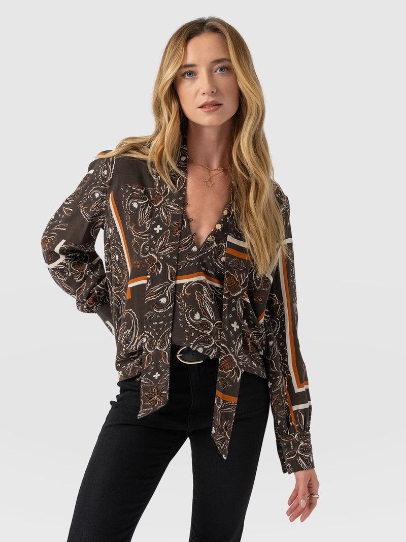 Joselyn V Neck Blouse - Brown Paisley - Women's Blouses | Saint + Sofia? USA