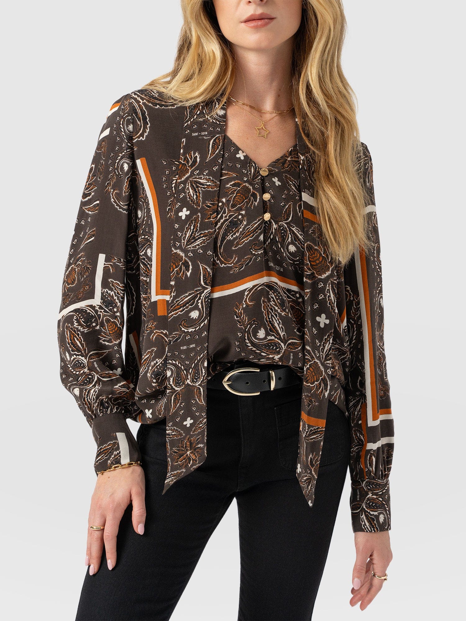 Joselyn V Neck Blouse - Brown Paisley - Women's Blouses | Saint + Sofia? USA