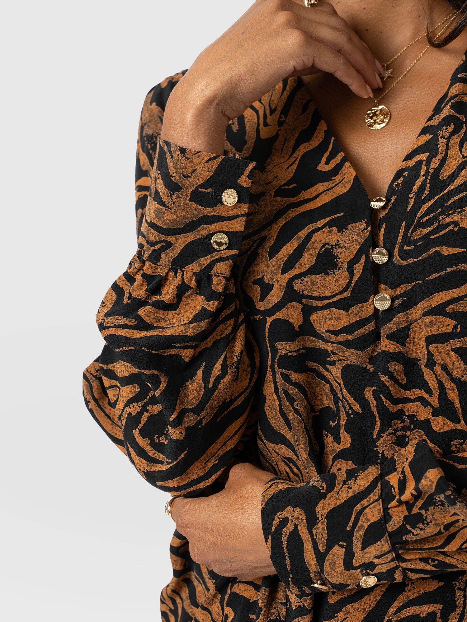 Joselyn V Neck Blouse - Brown Zebra - Women's Blouses | Saint + Sofia® USA