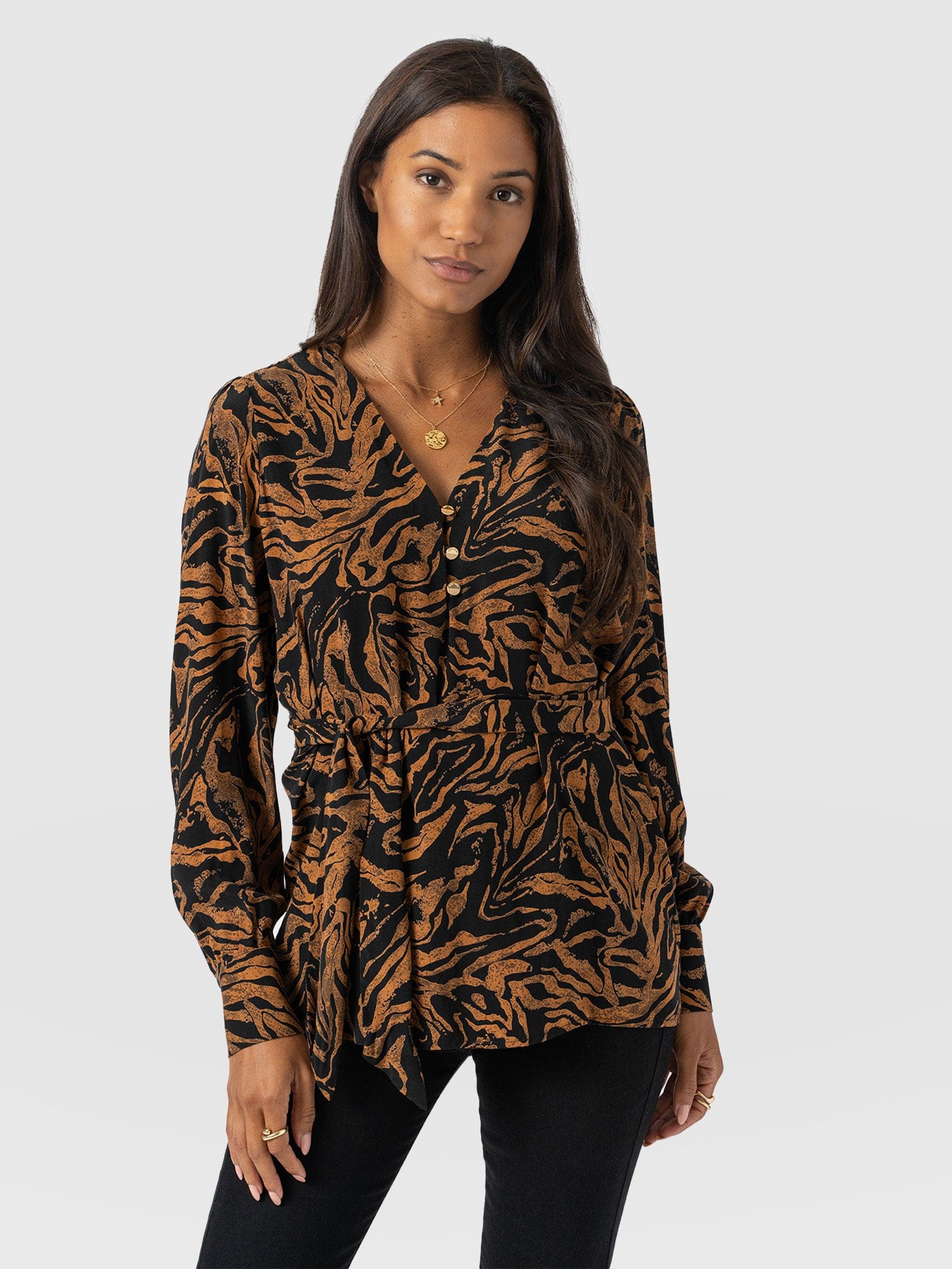 Joselyn V Neck Blouse - Brown Zebra - Women's Blouses | Saint + Sofia® USA