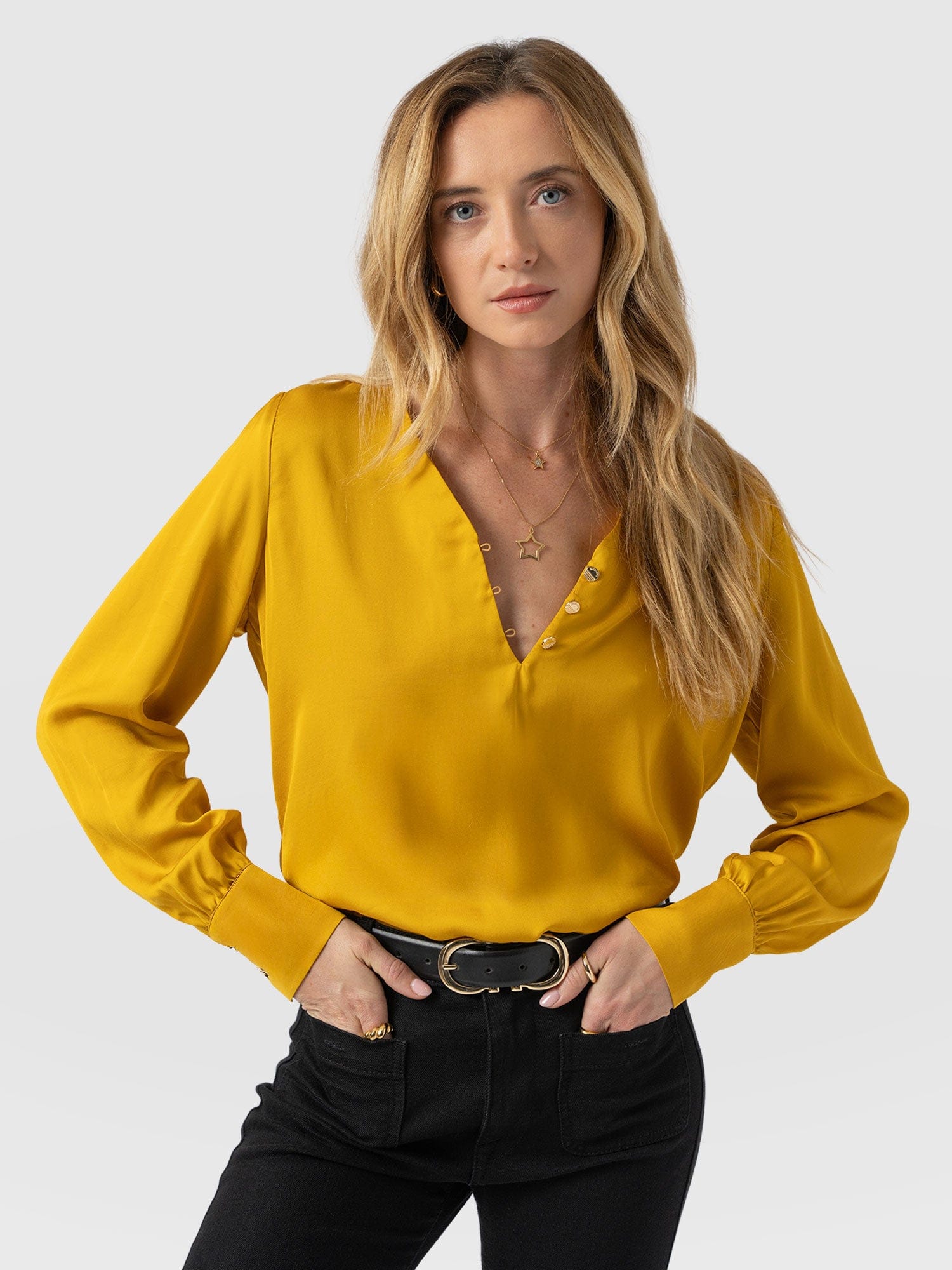 Joselyn V Neck Blouse - Golden Yellow - Women's Blouses | Saint + Sofia® USA