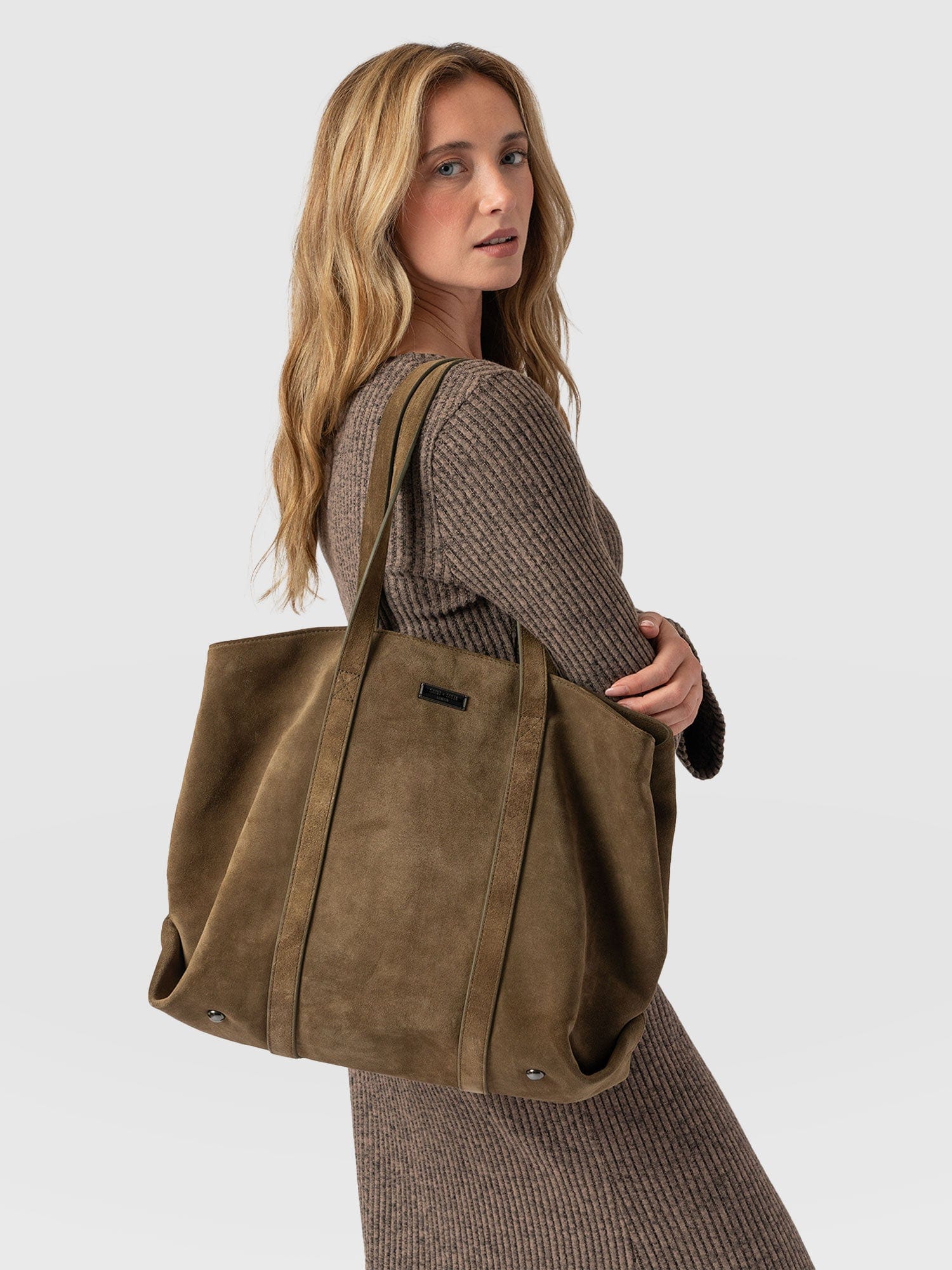 Kara Shopper Bag Khaki Suede - Women's Bags | Saint + Sofia® US