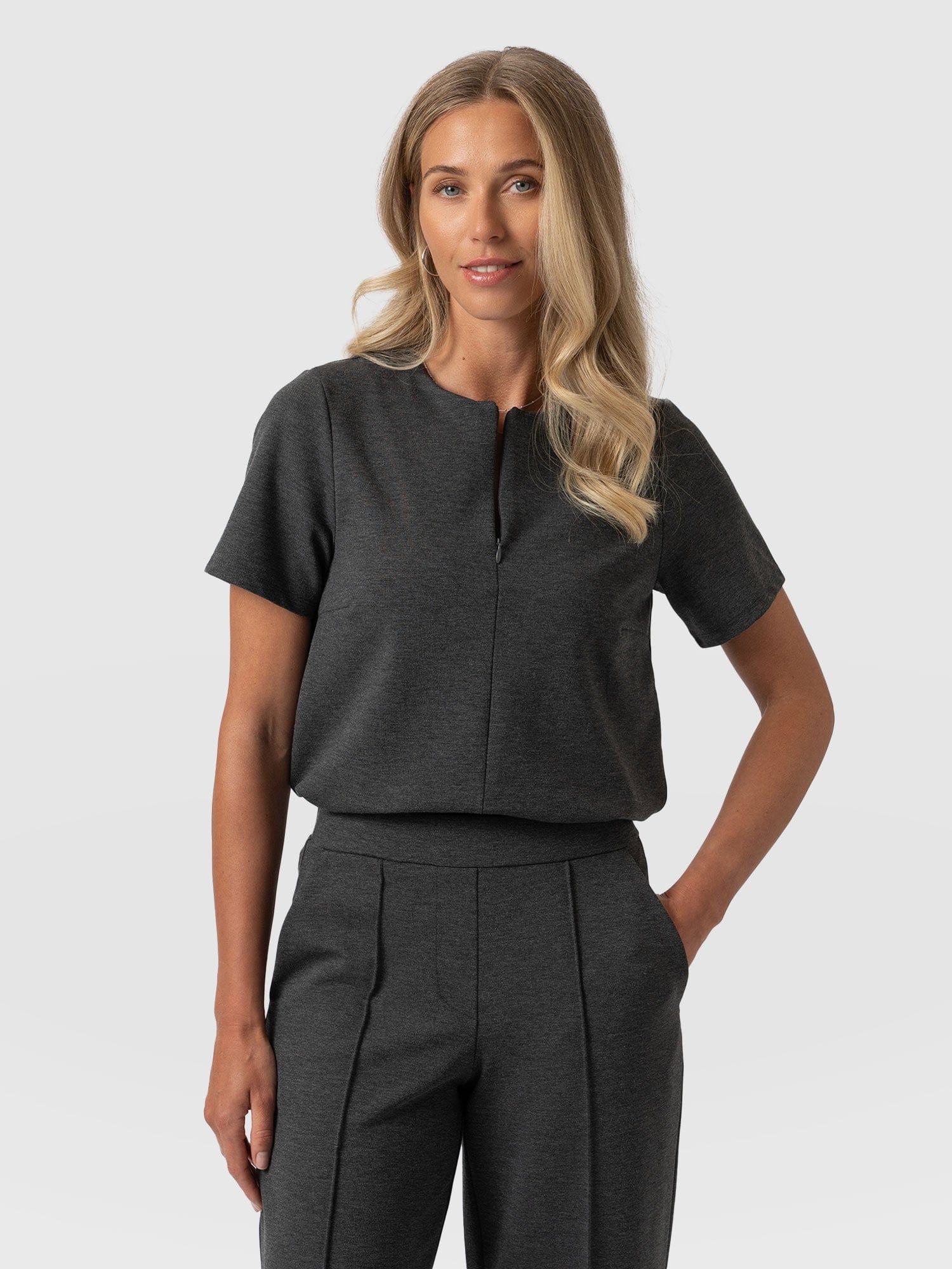 Keller Zip Up Tee Charcoal - Women's T-Shirts | Saint + Sofia® USA