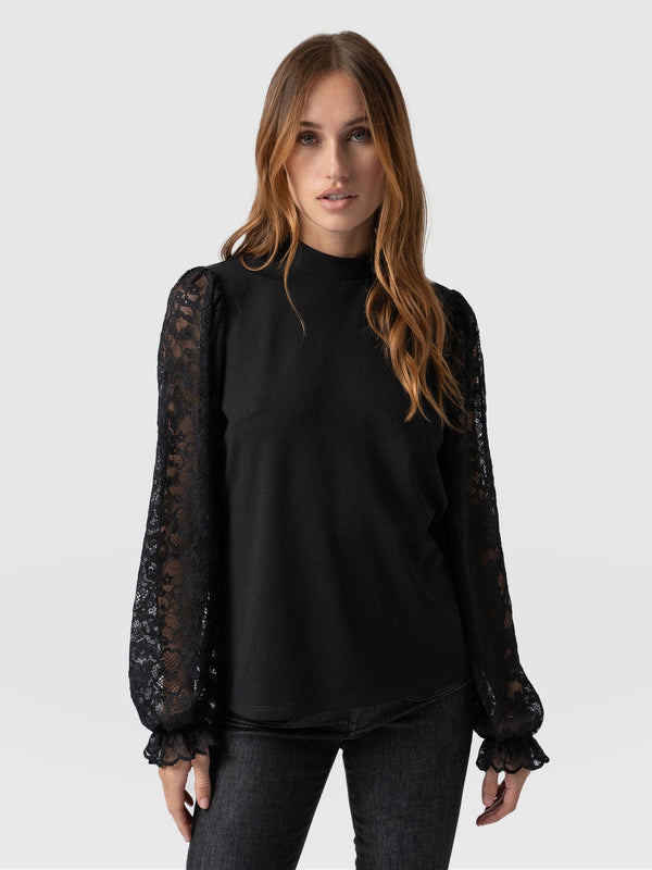 Lace Penny Puff Long Sleeve Black - Women's T-Shirts | Saint + Sofia® USA