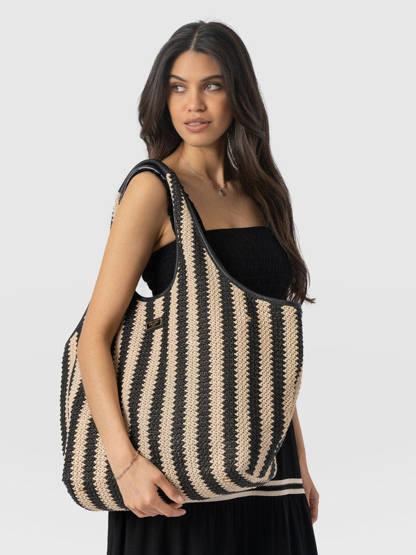 Large Stella Shoulder Tote Bag - Beige/Black Raffia - Women's Handbags | Saint + Sofia® USA