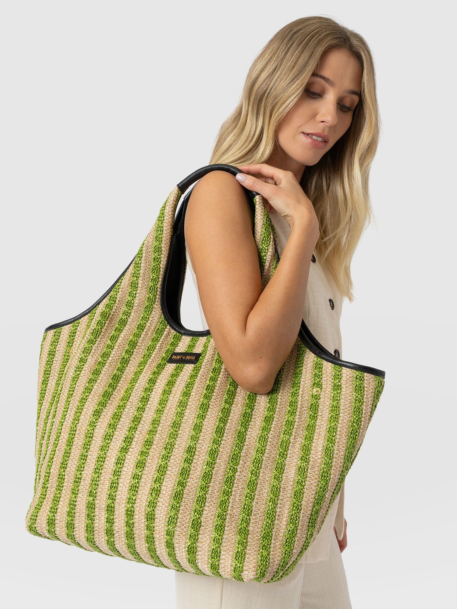 Large Stella Shoulder Tote Bag - Green Raffia - Women's Handbags | Saint + Sofia® USA