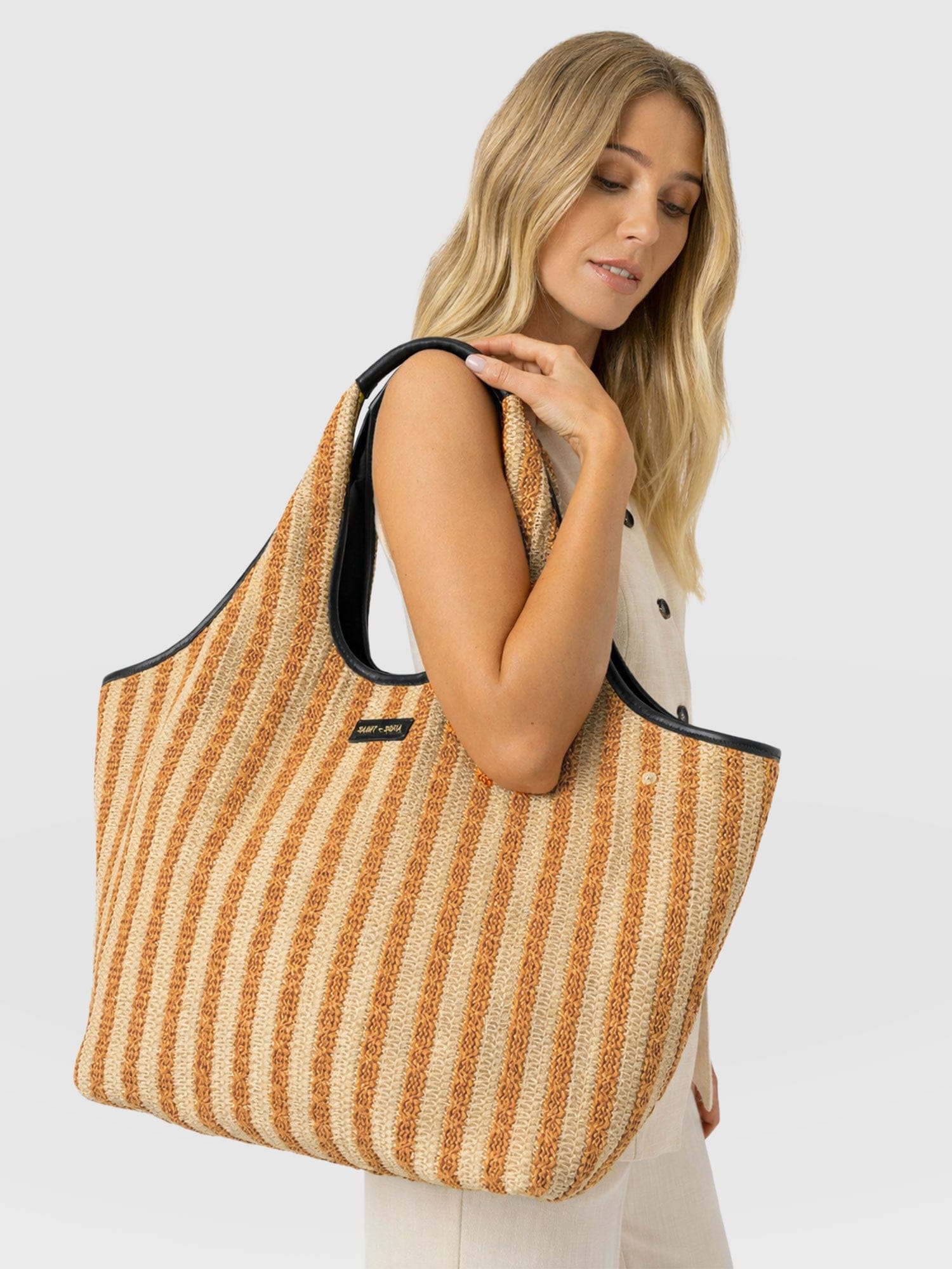 Large Stella Shoulder Tote Bag - Orange Raffia - Women's Handbags | Saint + Sofia® USA
