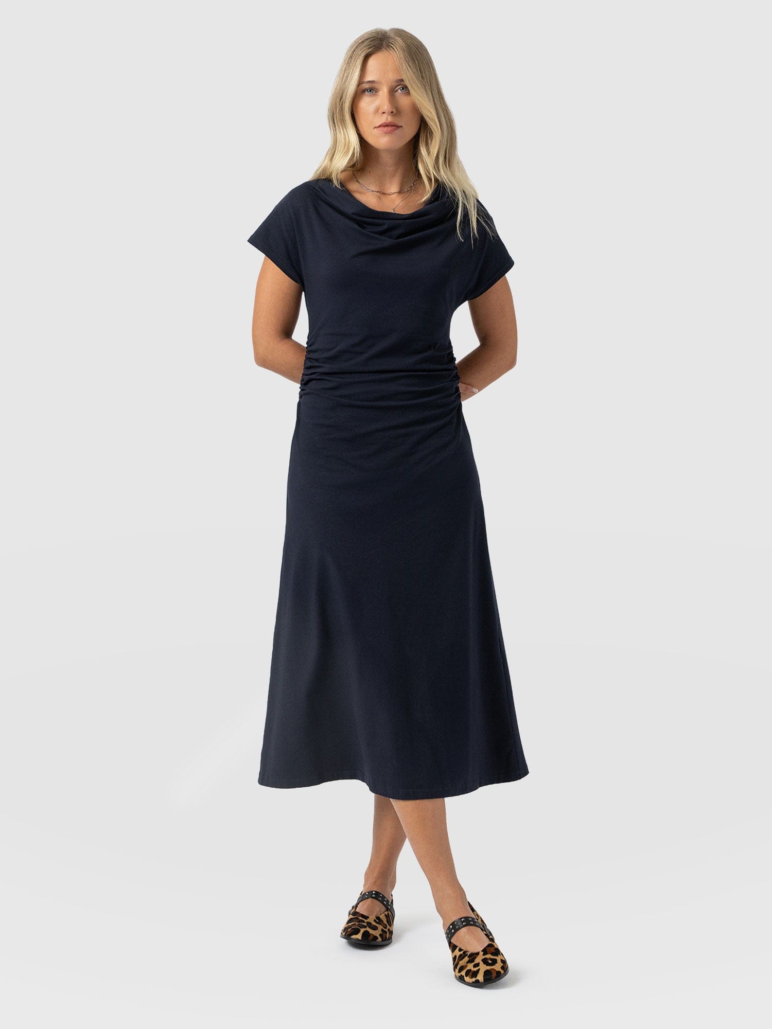 Laurie Cowl Neck Dress - Navy - Women's Dresses | Saint and Sofia® USA