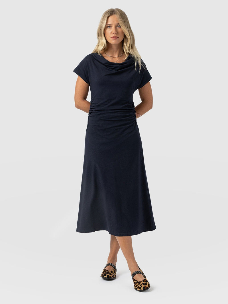 Laurie Cowl Neck Dress - Navy - Women's Dresses | Saint and Sofia® USA