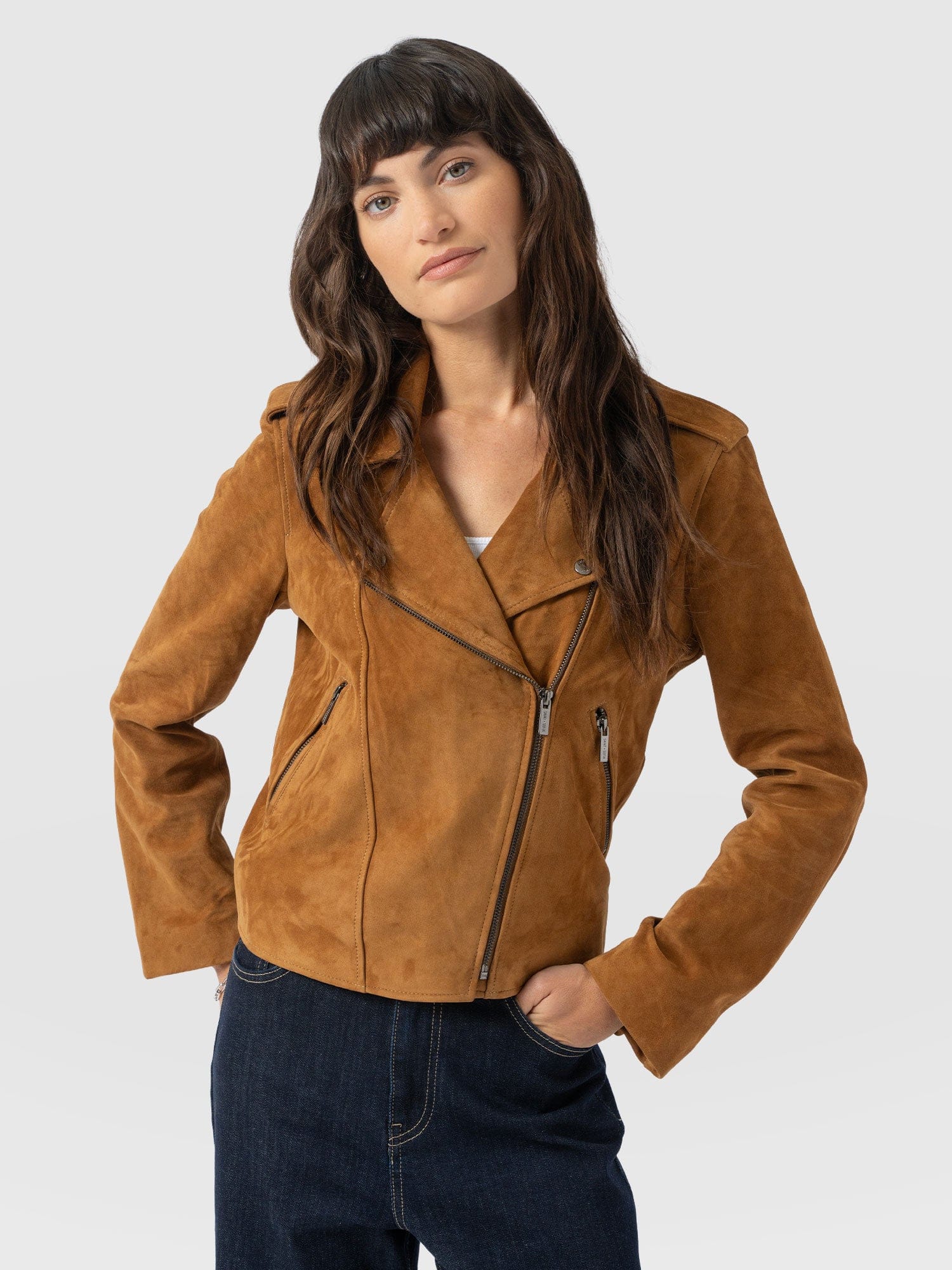 Luther Leather Jacket - Camel Suede - Women's Leathers | Saint + Sofia® USA