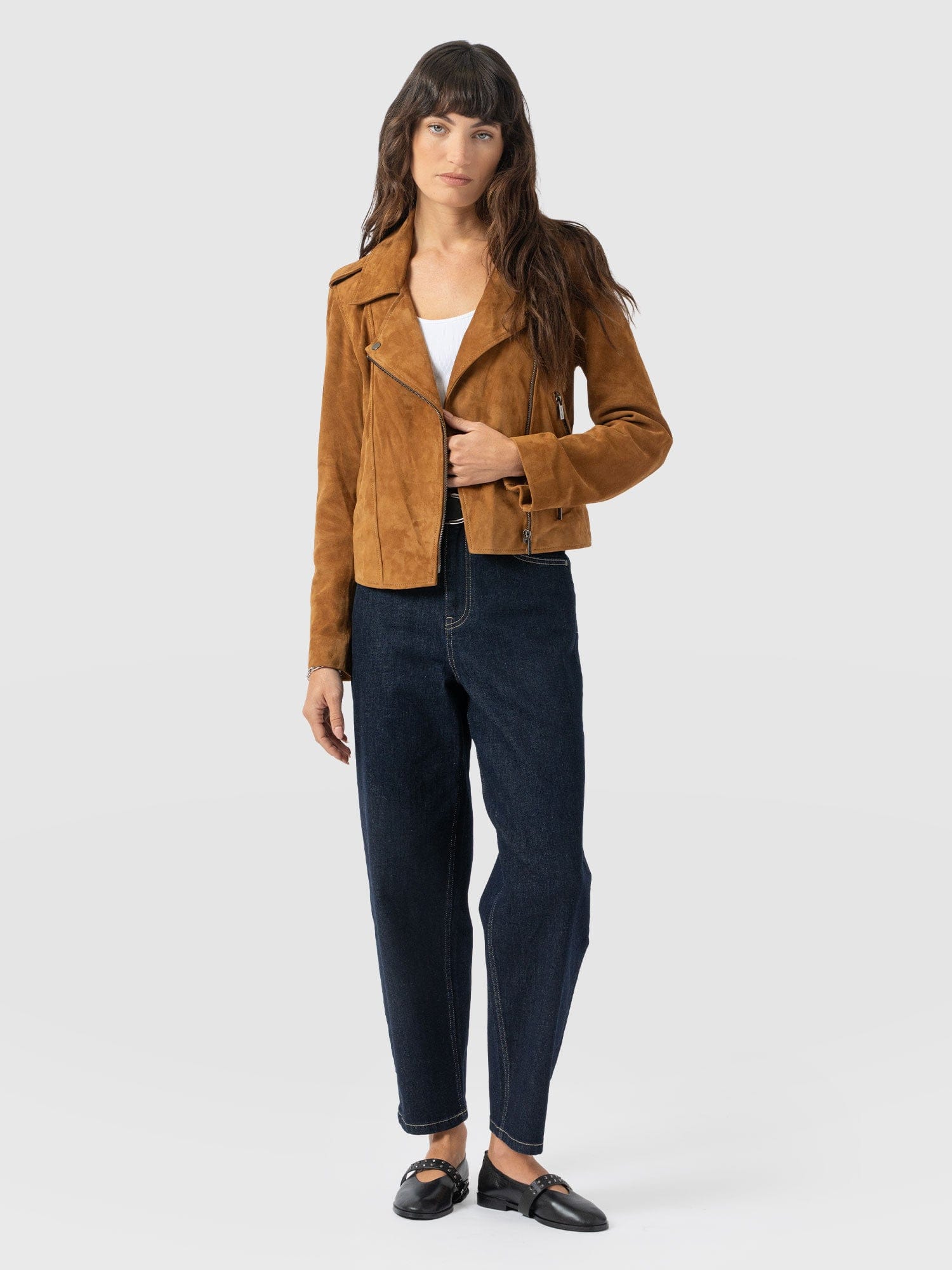 Luther Leather Jacket - Camel Suede - Women's Leathers | Saint + Sofia® USA