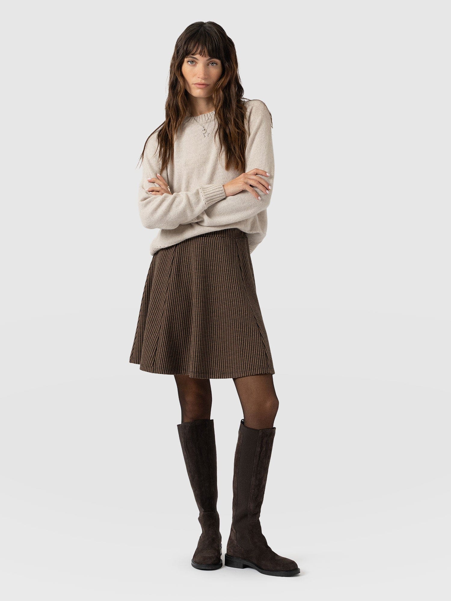 Macie Mini Skirt - Brown Mini Houndstooth - Women's Shorts | Saint + Sofia® USA