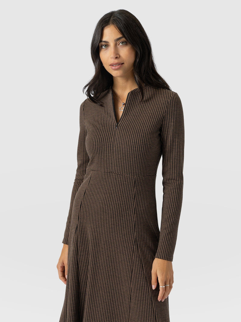 Macie Zip Up Dress - Brown Mini Houndstooth - Women's Dresses | Saint + Sofia® USA