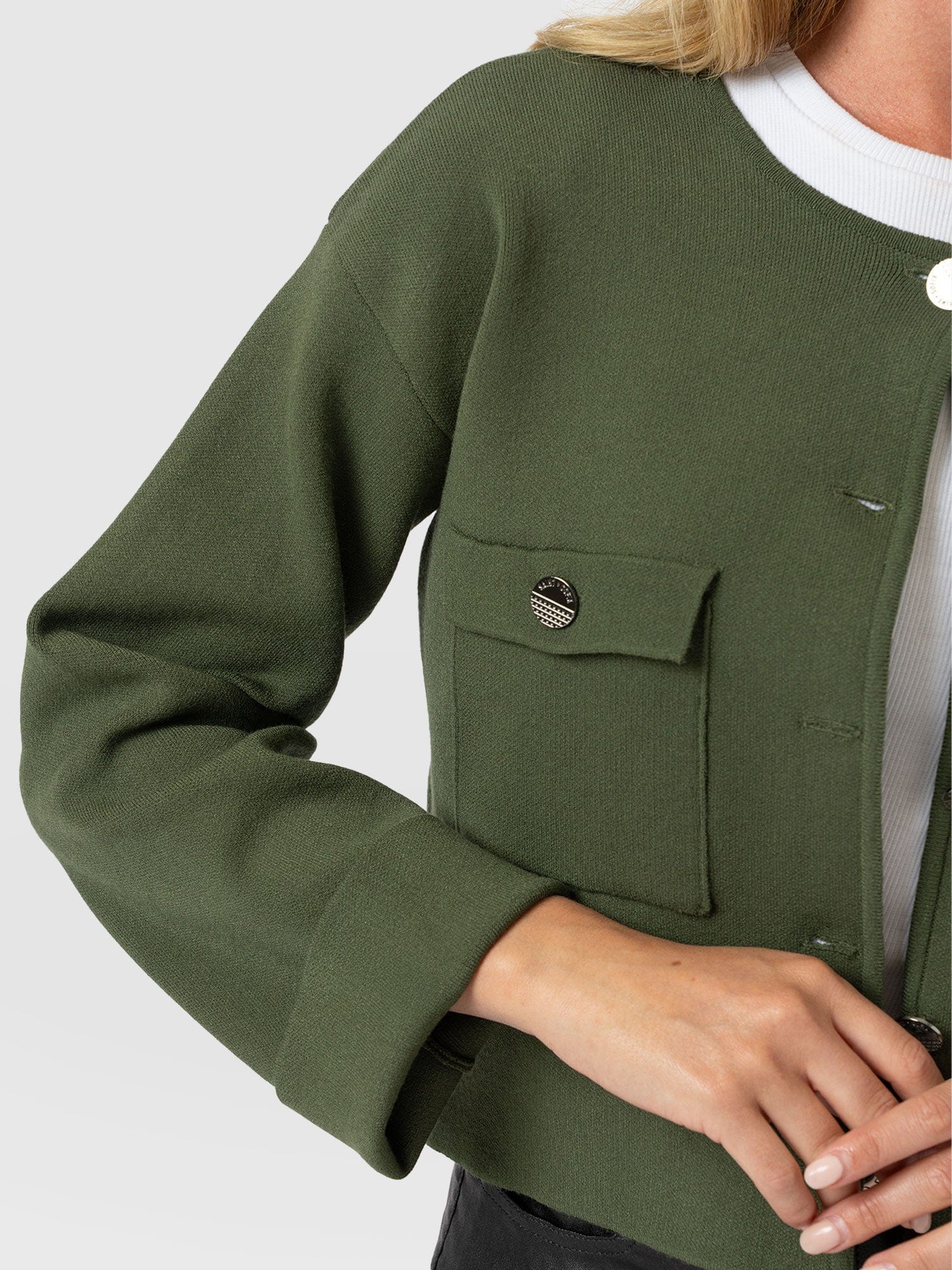 Maeva Knit Jacket - Khaki - Women's Knitwears | Saint + Sofia® USA