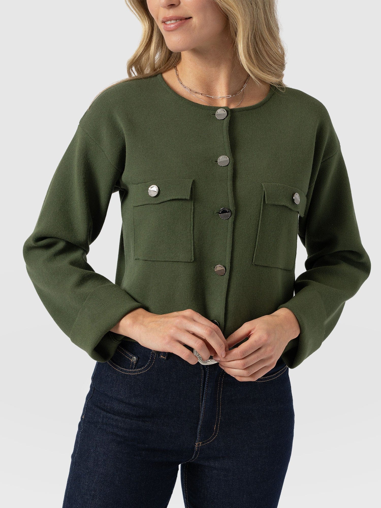 Maeva Knit Jacket - Khaki - Women's Knitwears | Saint + Sofia® USA