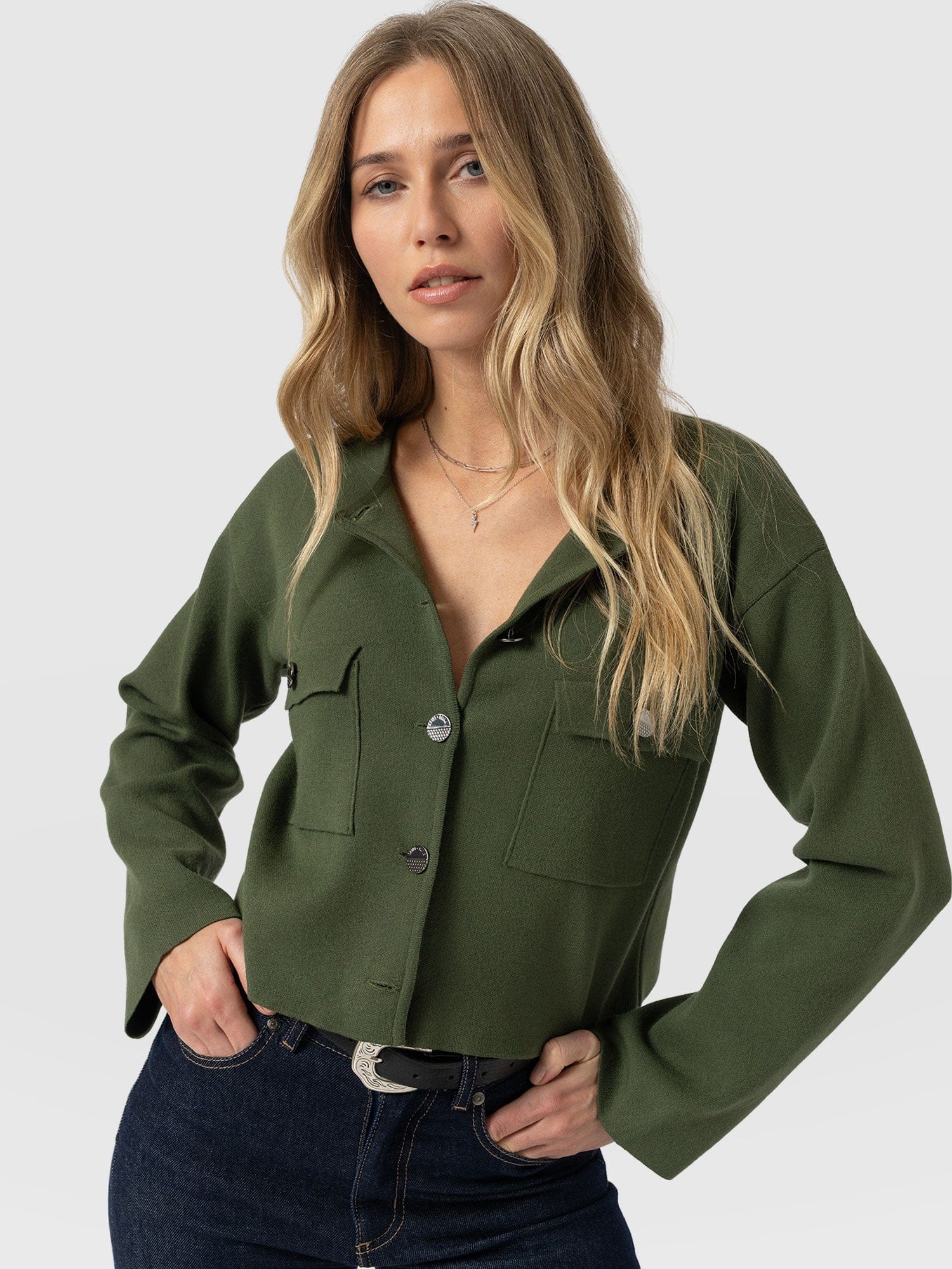 Maeva Knit Jacket - Khaki - Women's Knitwears | Saint + Sofia® USA