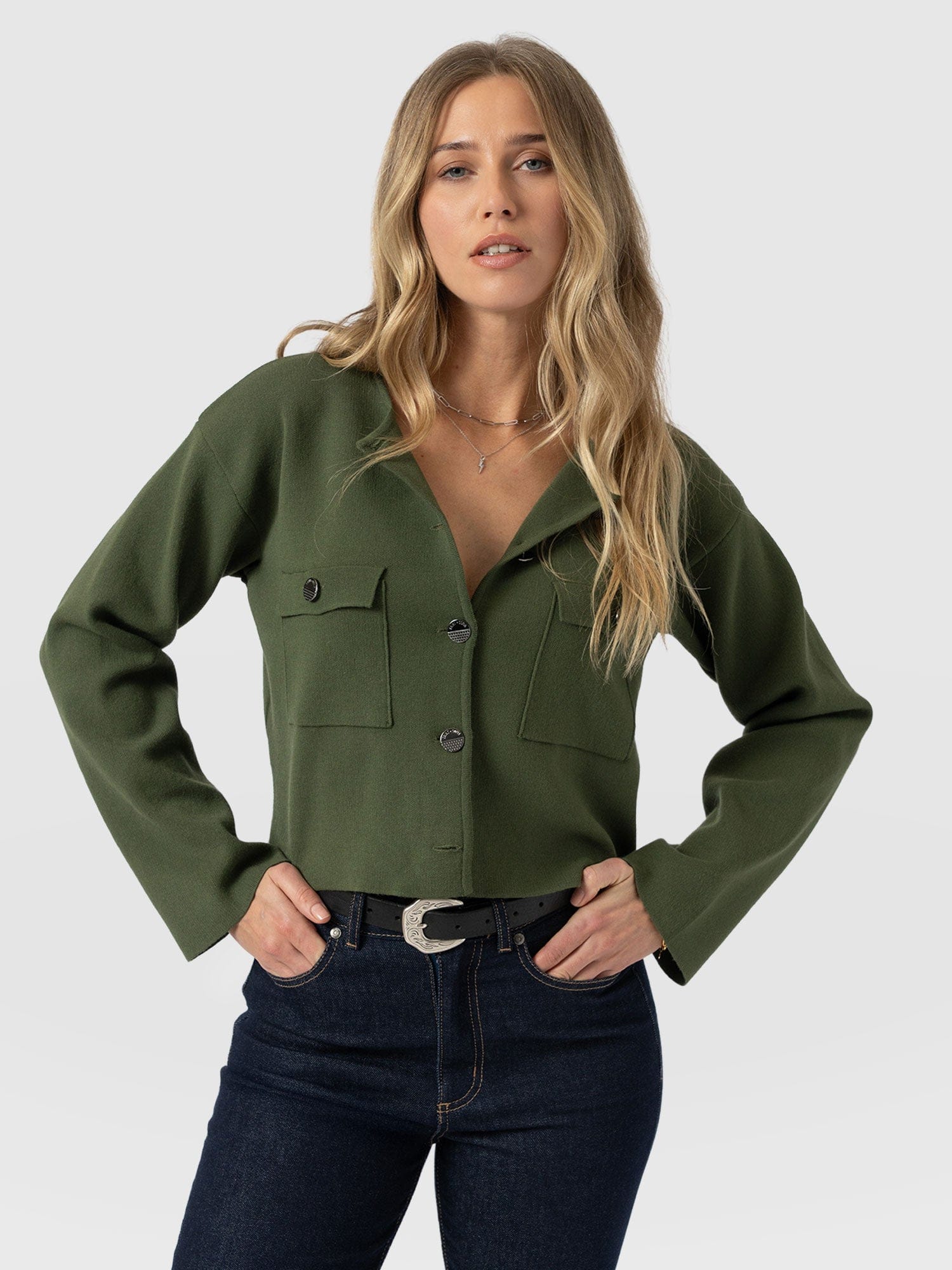 Maeva Knit Jacket - Khaki - Women's Knitwears | Saint + Sofia® USA