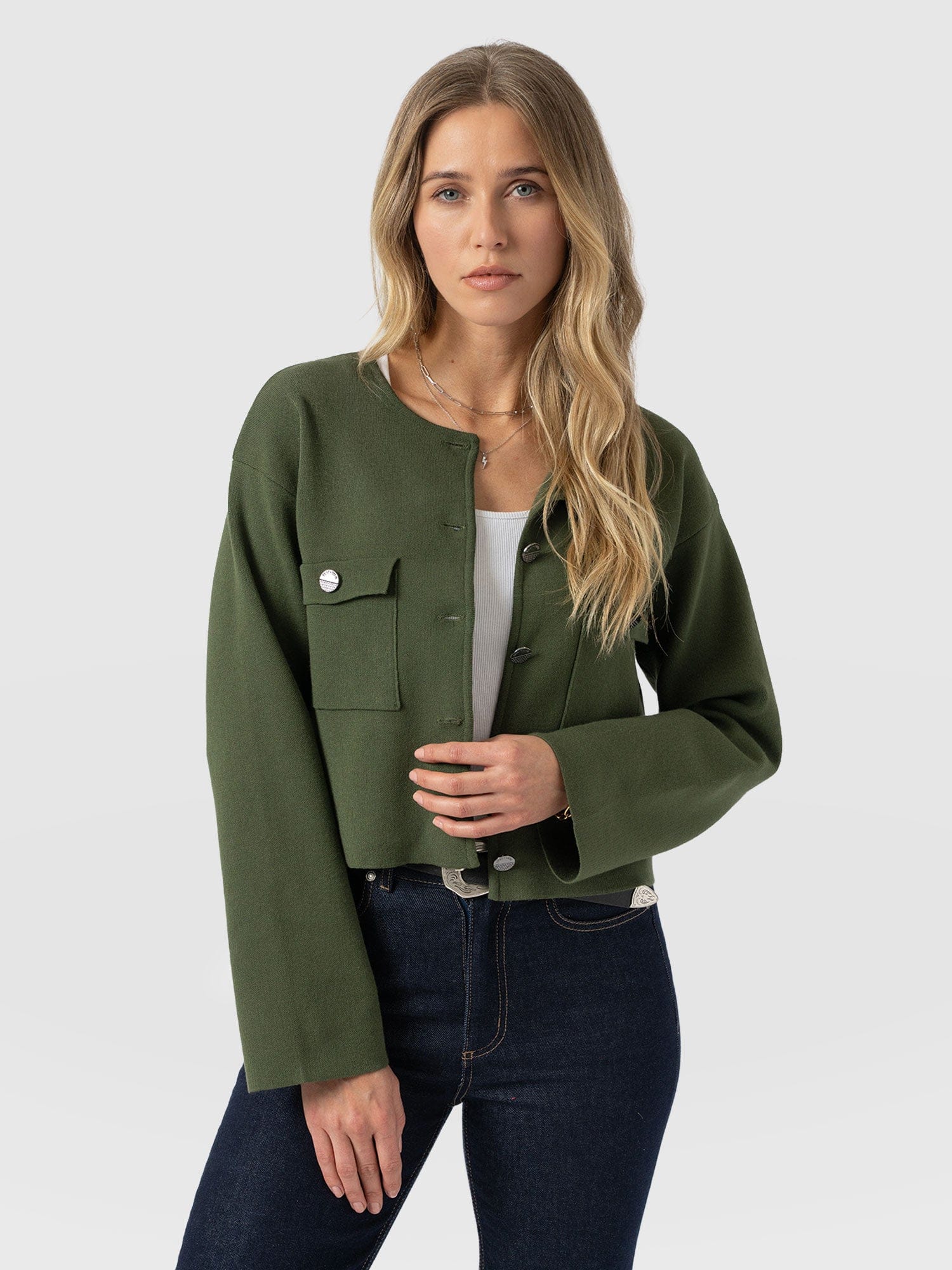 Maeva Knit Jacket - Khaki - Women's Knitwears | Saint + Sofia® USA