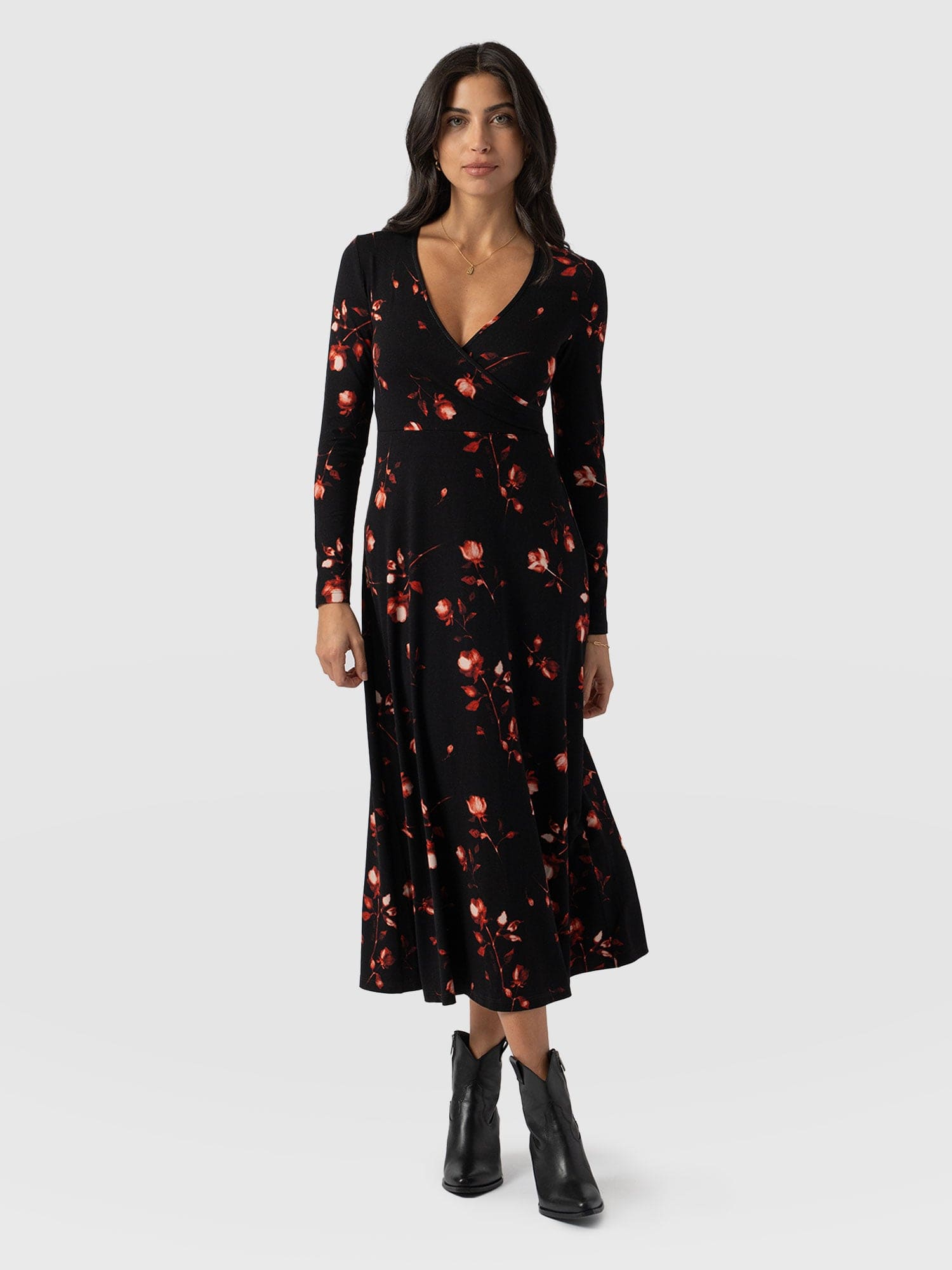 Maggie Wrap Midi Dress Dark Roses - Women's Dresses | Saint and Sofia® USA