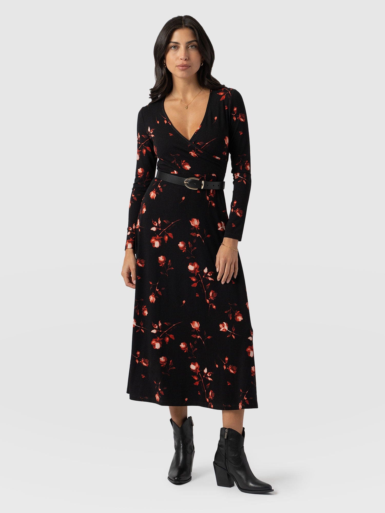 Maggie Wrap Midi Dress Dark Roses - Women's Dresses | Saint and Sofia® USA