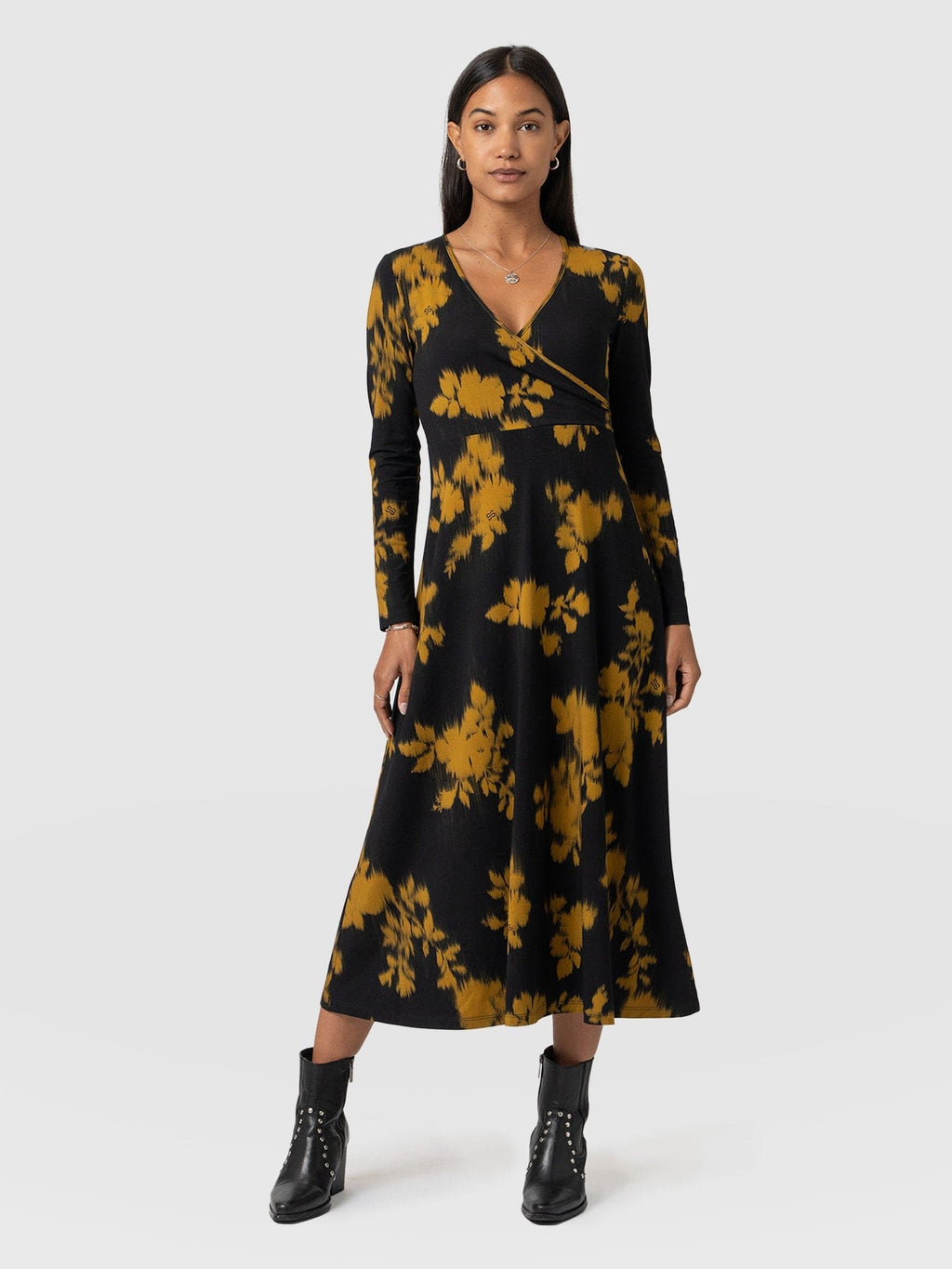 Maggie Wrap Midi Dress Yellow Fade Floral - Women's Dresses