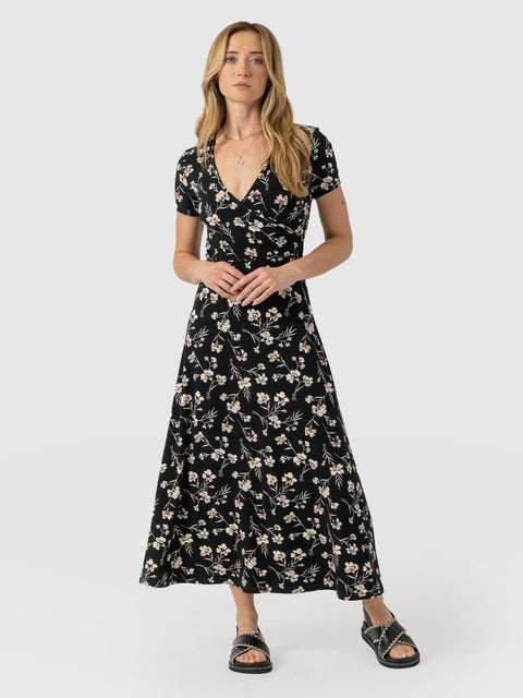 Maggie Wrap Short Sleeve Midi Dress  - Black Spring Floral - Women's Dresss | Saint + Sofia® USA