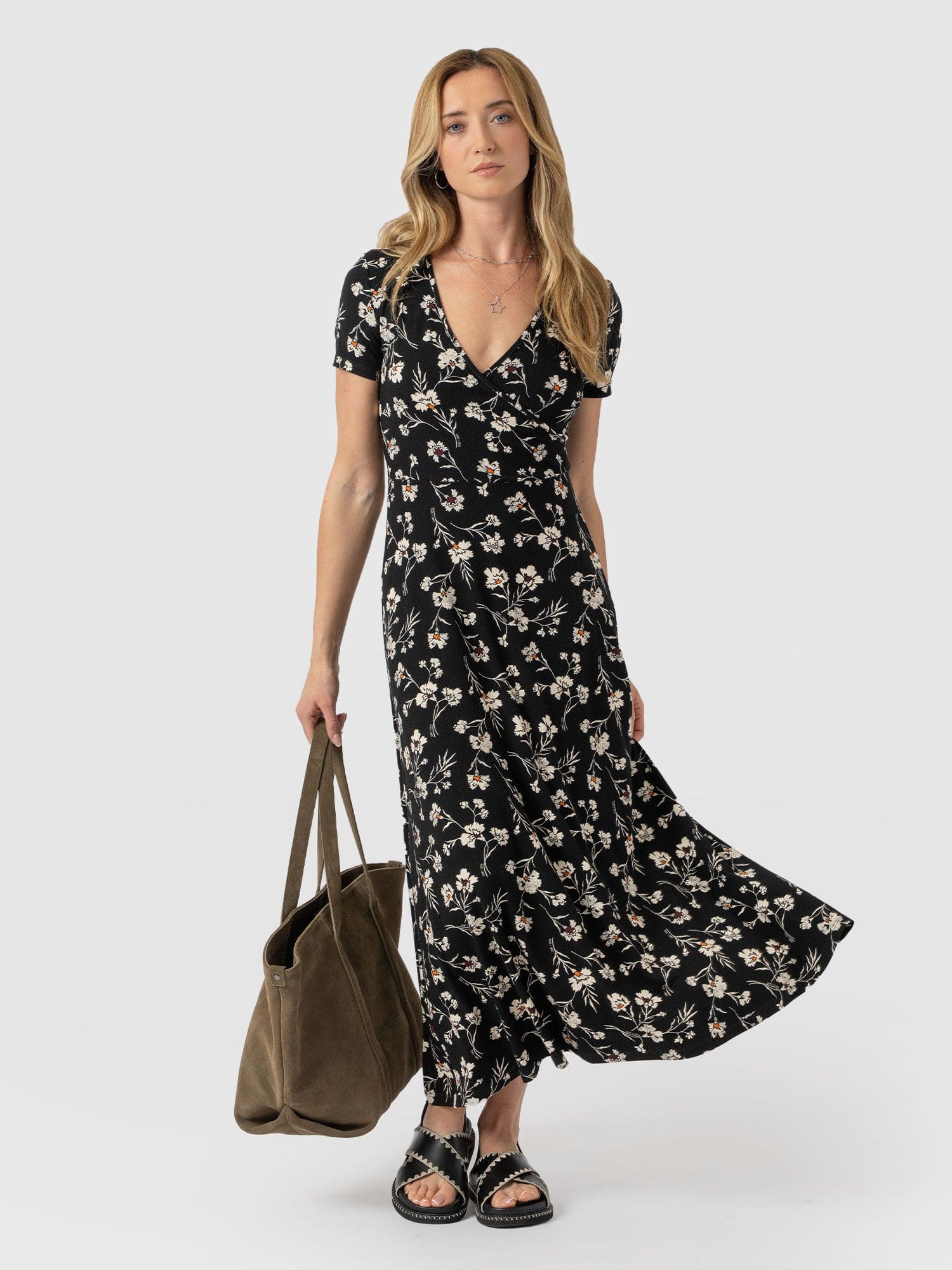 Maggie Wrap Short Sleeve Midi Dress  - Black Spring Floral - Women's Dresss | Saint + Sofia® USA