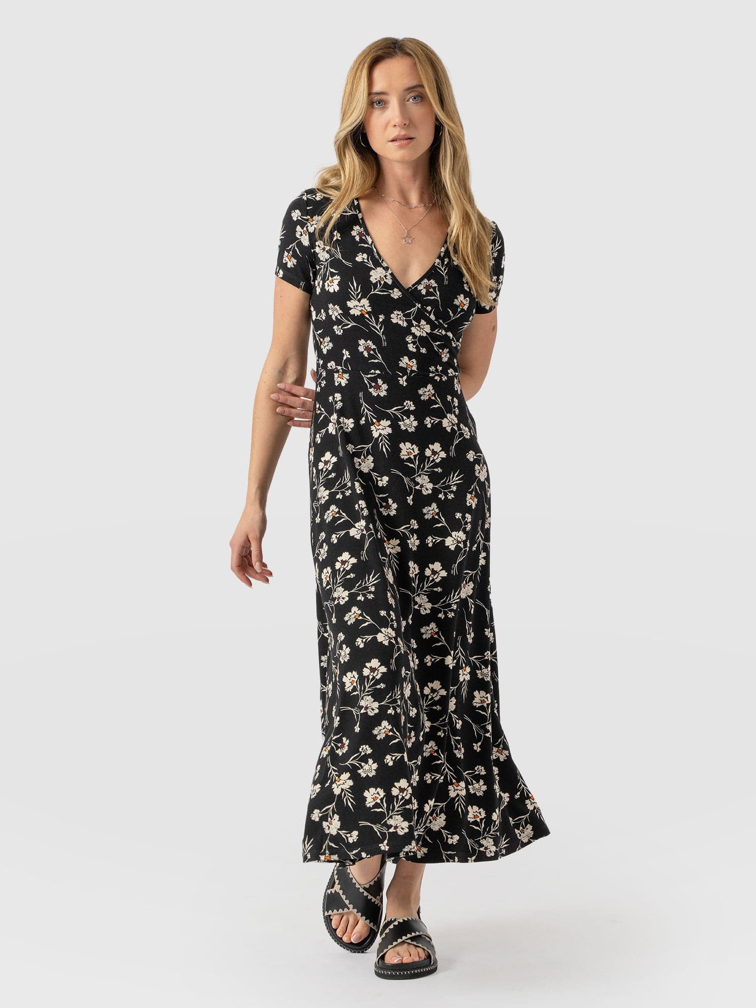 Maggie Wrap Short Sleeve Midi Dress  - Black Spring Floral - Women's Dresss | Saint + Sofia® USA
