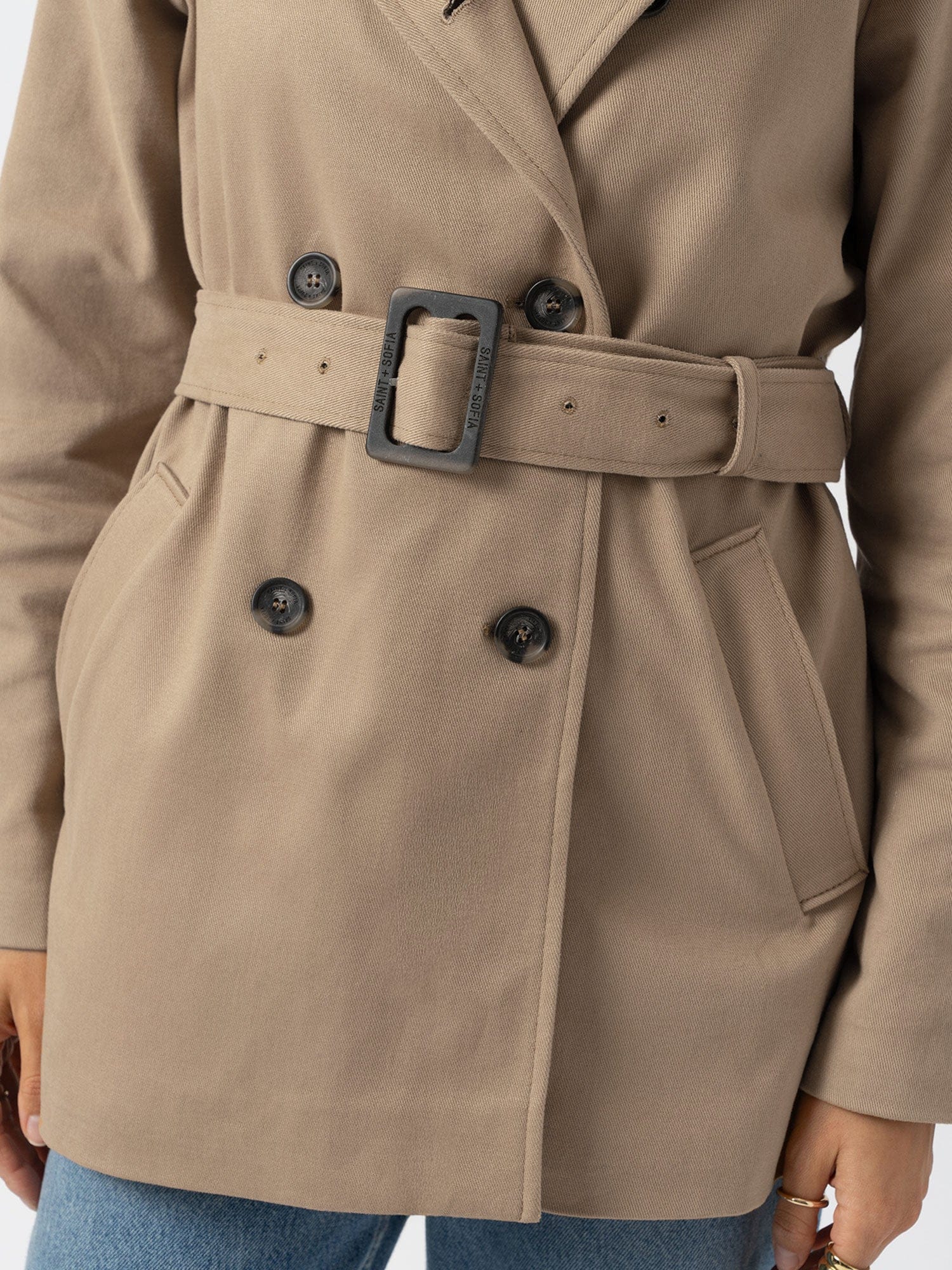Marion Double Breasted Short Trench - Beige - Women's Outerwears | Saint + Sofia® USA