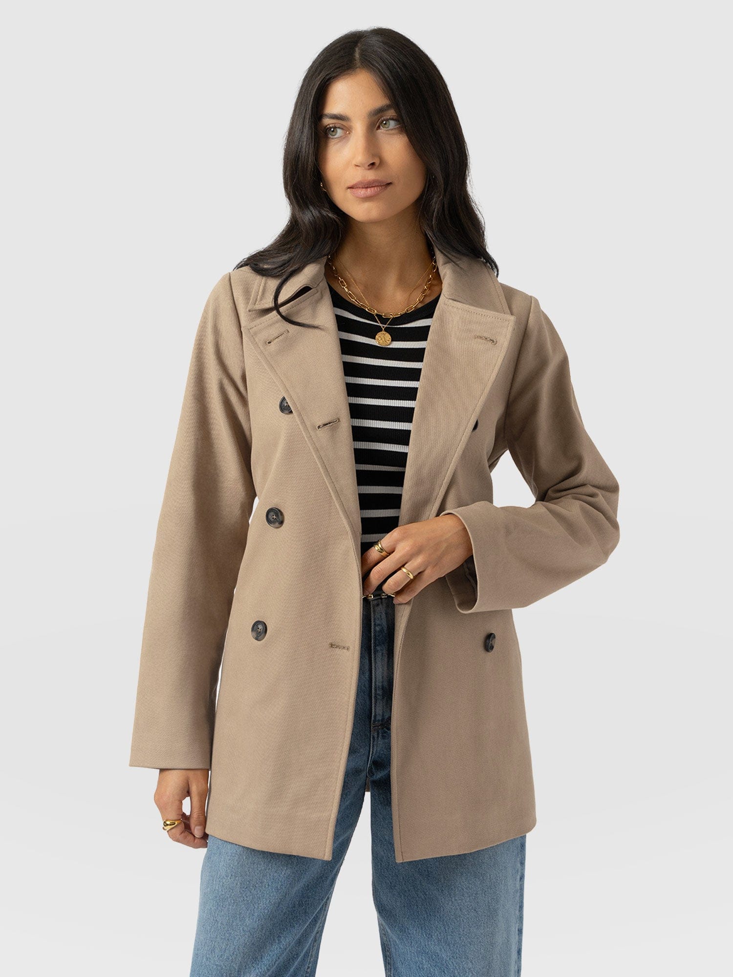 Marion Double Breasted Short Trench - Beige - Women's Outerwears | Saint + Sofia® USA
