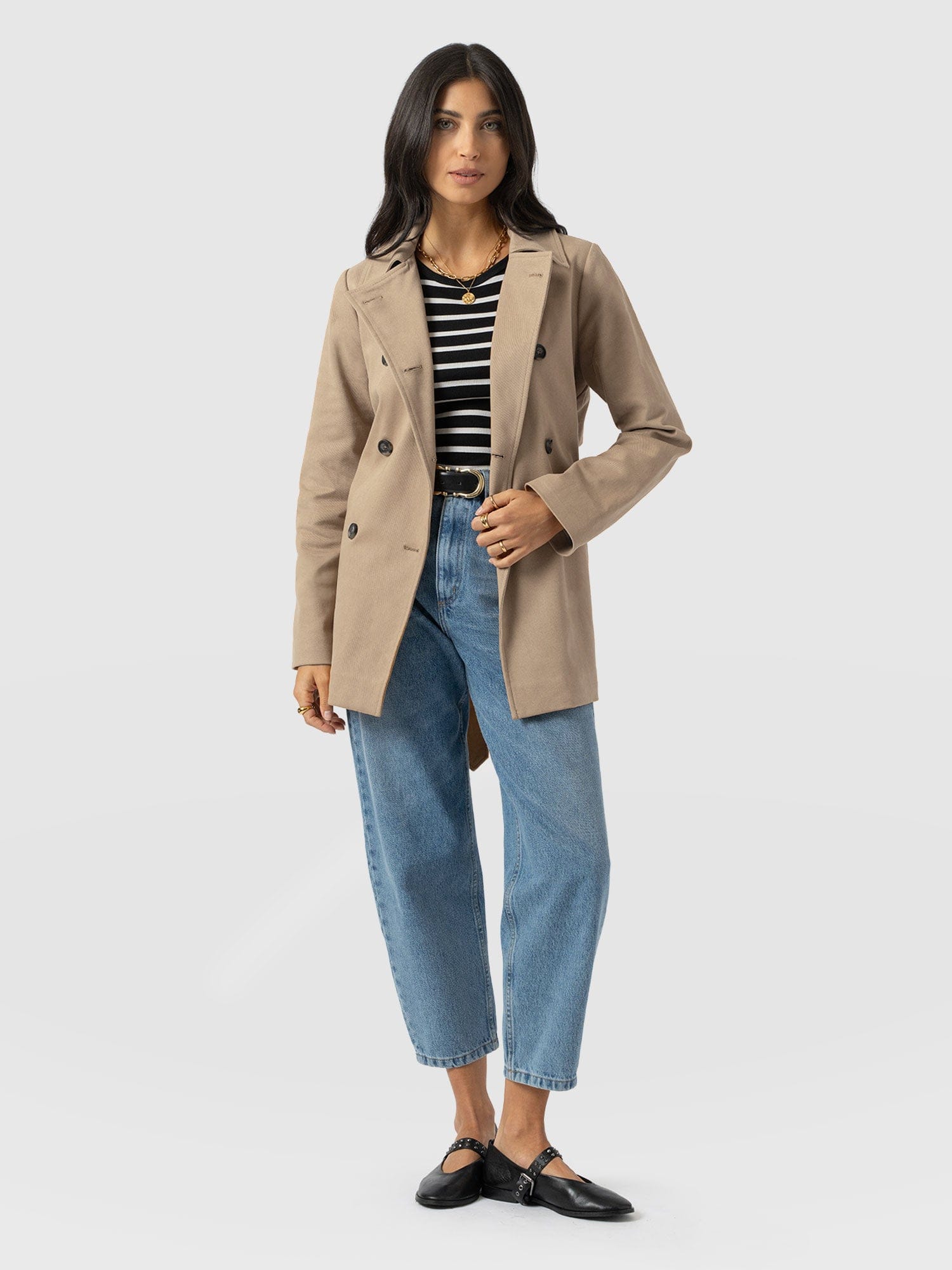 Marion Double Breasted Short Trench - Beige - Women's Outerwears | Saint + Sofia® USA