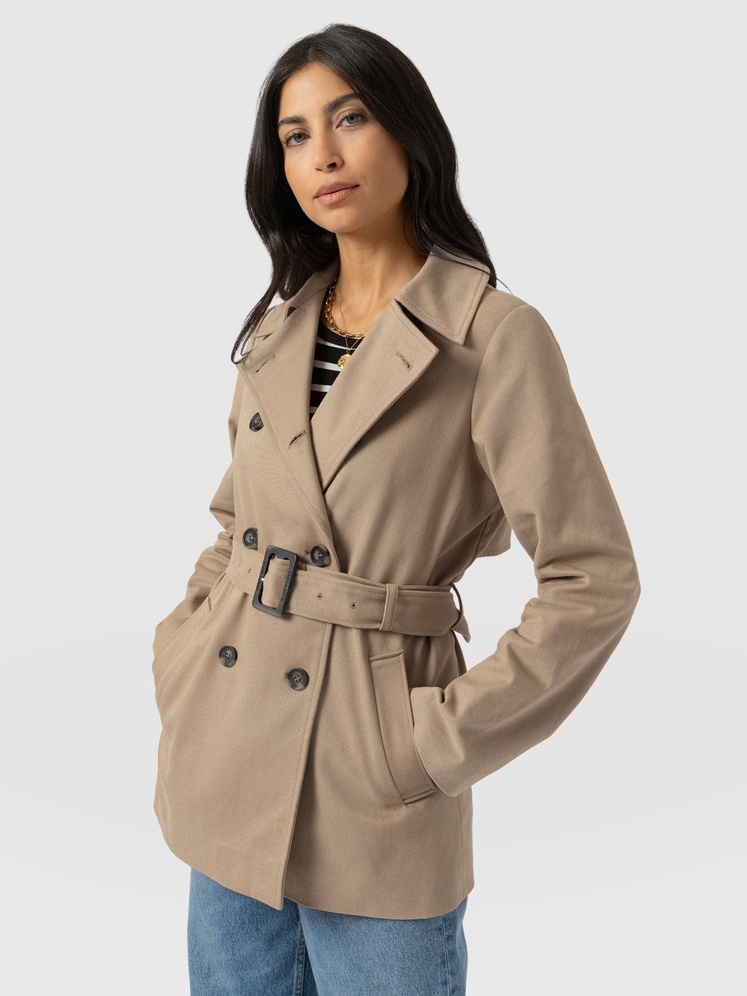 Marion Double Breasted Short Trench - Beige - Women's Outerwears | Saint + Sofia® USA