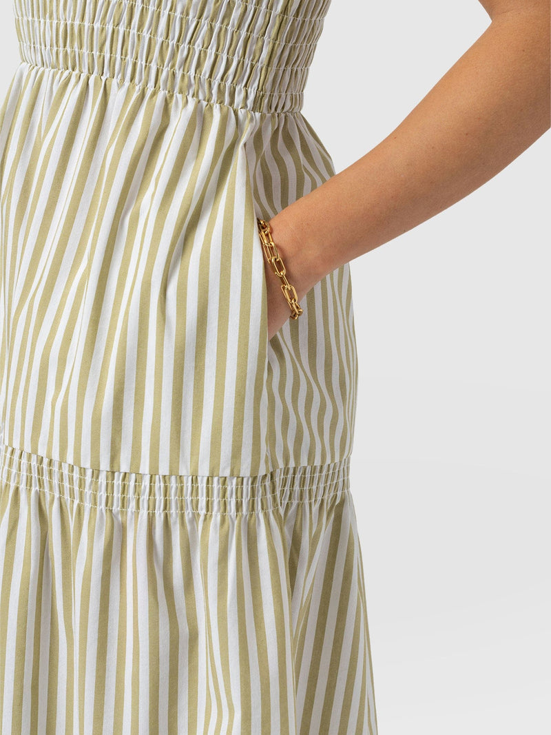 Maya Shirring Dress - Green Stripe - Women's Dresses | Saint and Sofia® USA