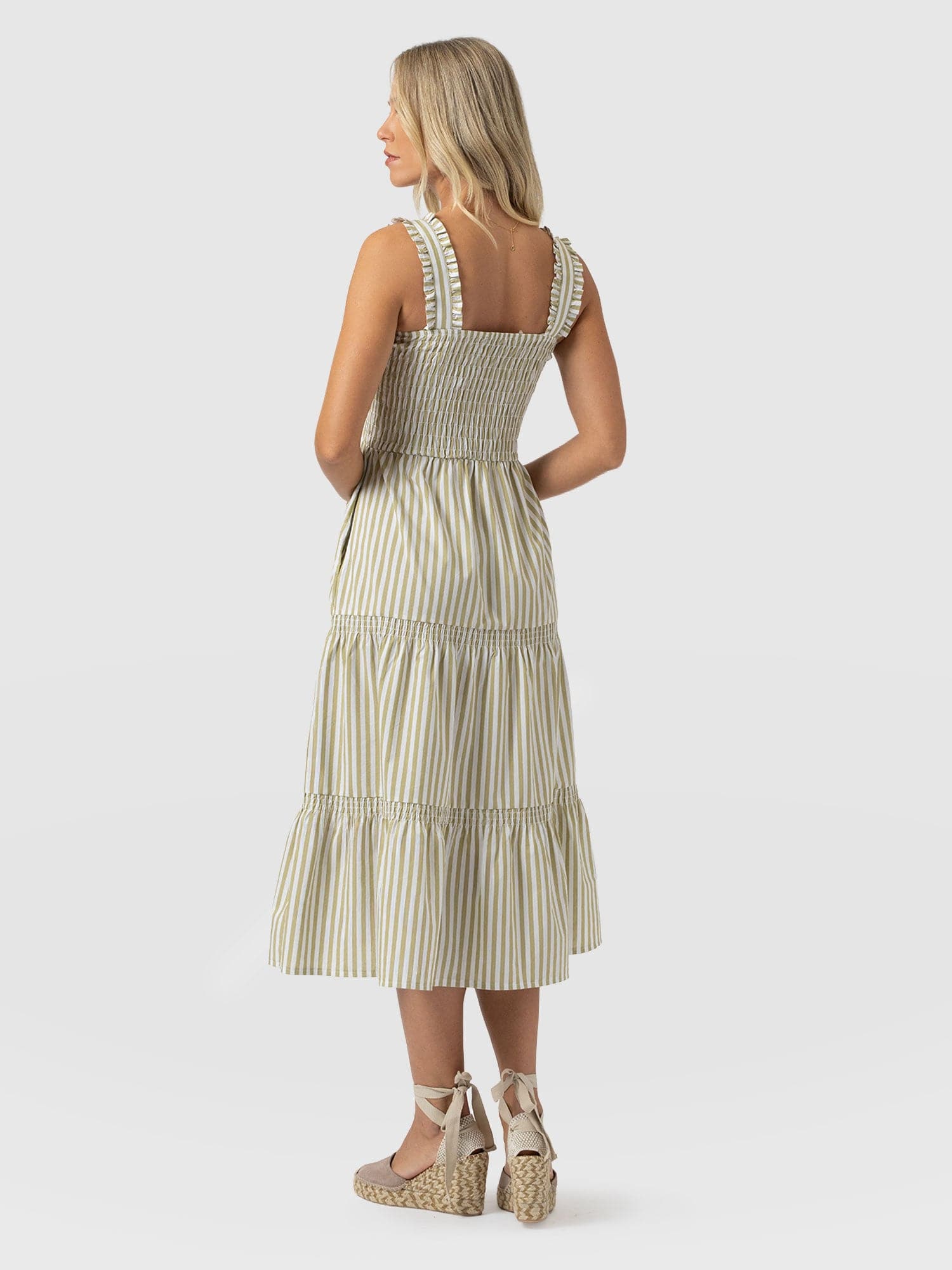 Maya Shirring Dress - Green Stripe - Women's Dresses | Saint and Sofia® USA