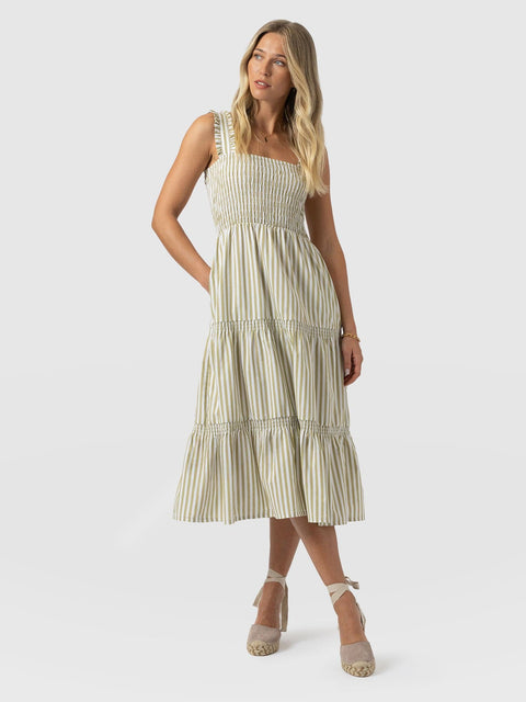 Maya Shirring Dress - Green Stripe - Women's Dresses | Saint and Sofia® USA