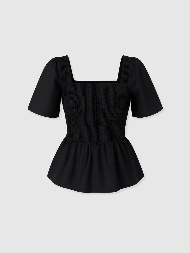 Maya Shirring Peplum Top - Black - Women's T-shirts | Saint + Sofia® USA