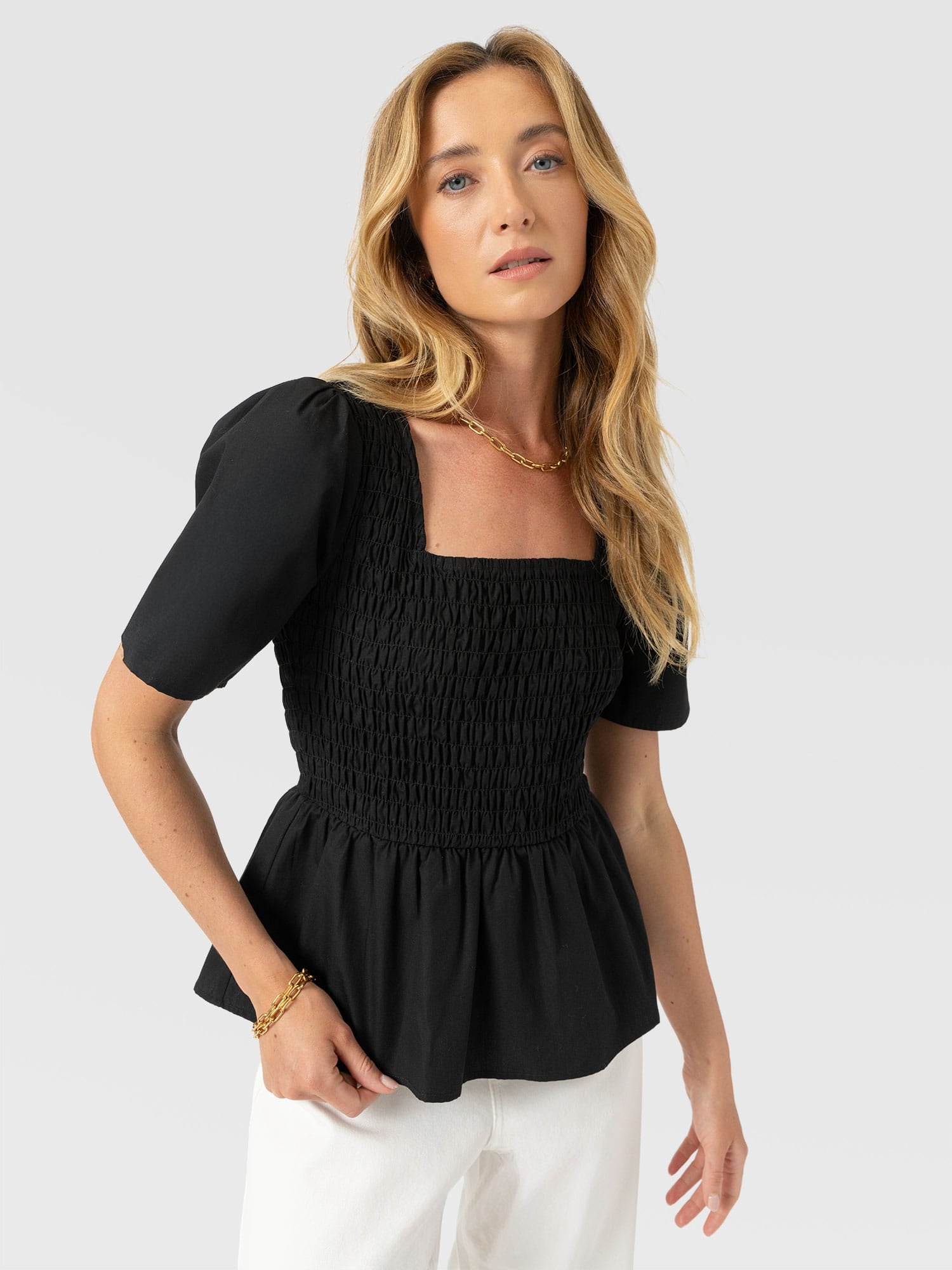 Maya Shirring Peplum Top - Black - Women's T-shirts | Saint + Sofia® USA