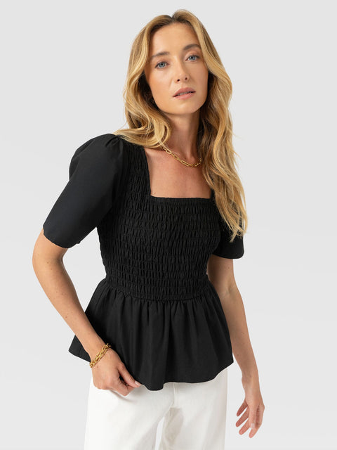Maya Shirring Peplum Top - Black - Women's T-shirts | Saint + Sofia® USA