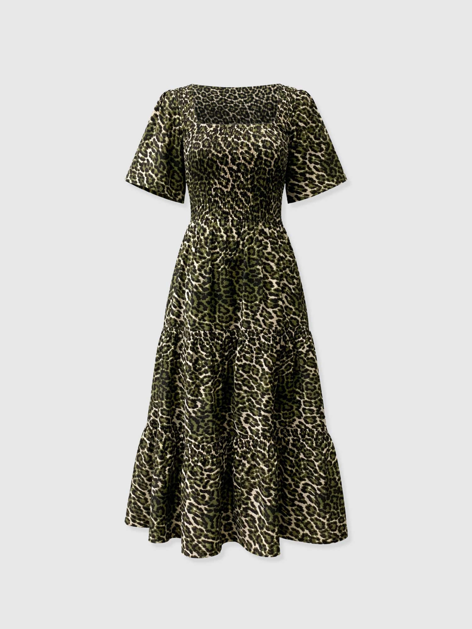 Maya Shirring Short Sleeve Dress - Green Leopard - Women's Dresses | Saint + Sofia® USA