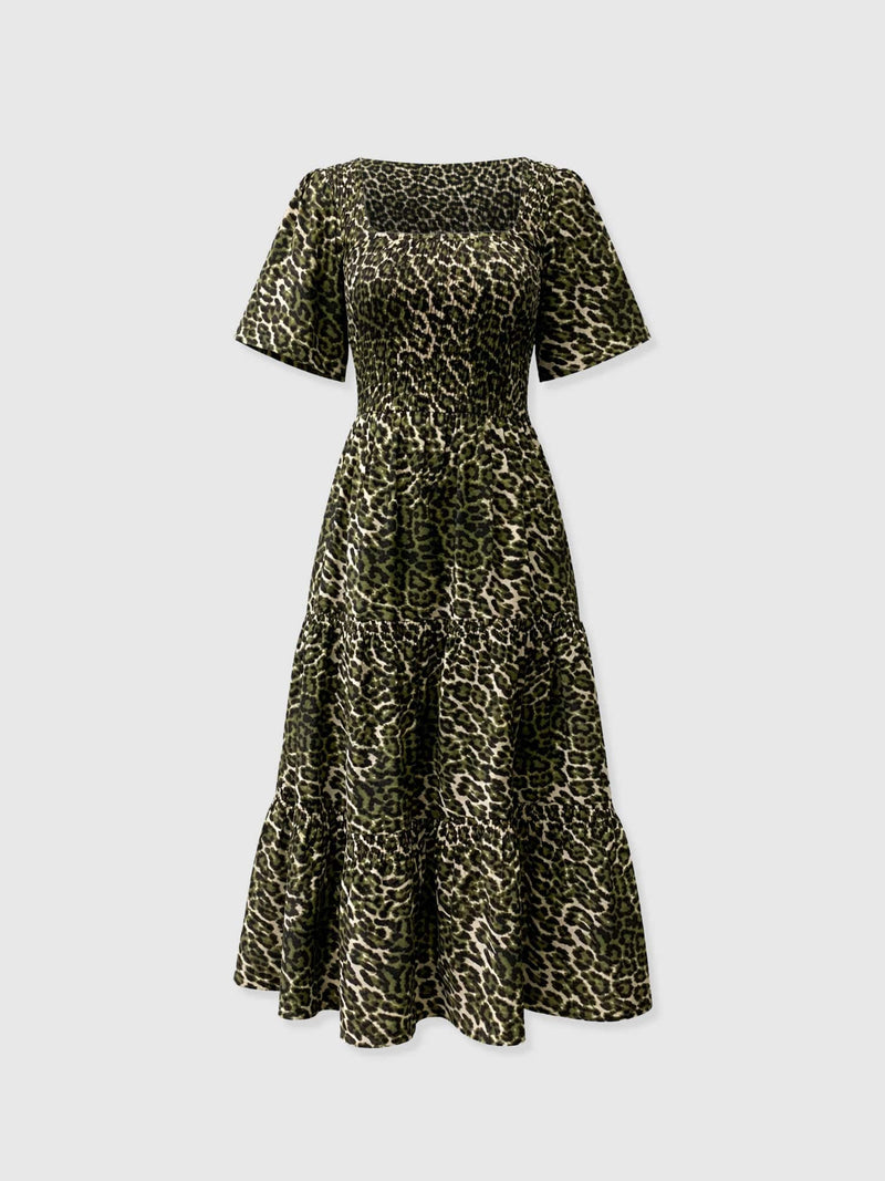 Maya Shirring Short Sleeve Dress - Green Leopard - Women's Dresses | Saint + Sofia® USA