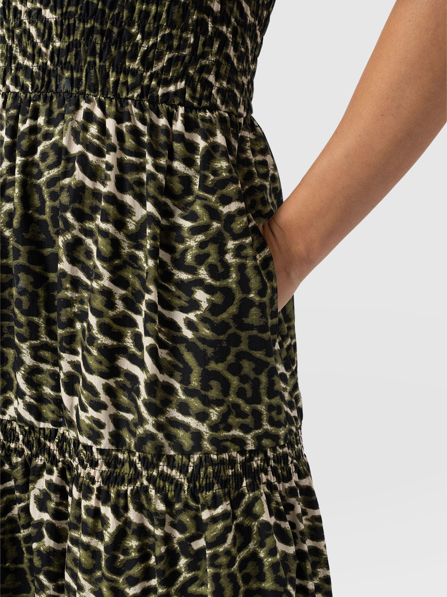 Maya Shirring Short Sleeve Dress - Green Leopard - Women's Dresses | Saint + Sofia® USA