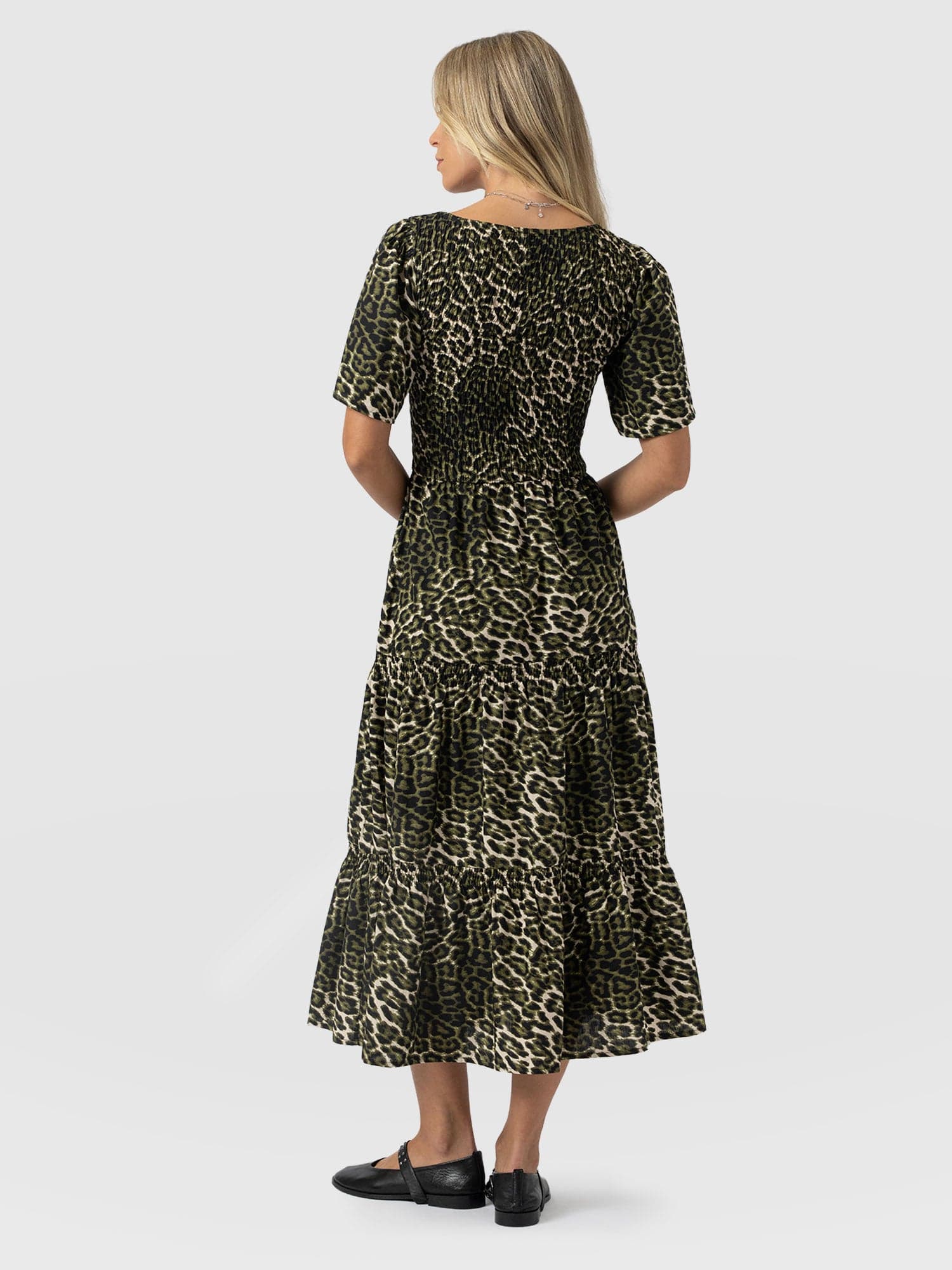 Maya Shirring Short Sleeve Dress - Green Leopard - Women's Dresses | Saint + Sofia® USA