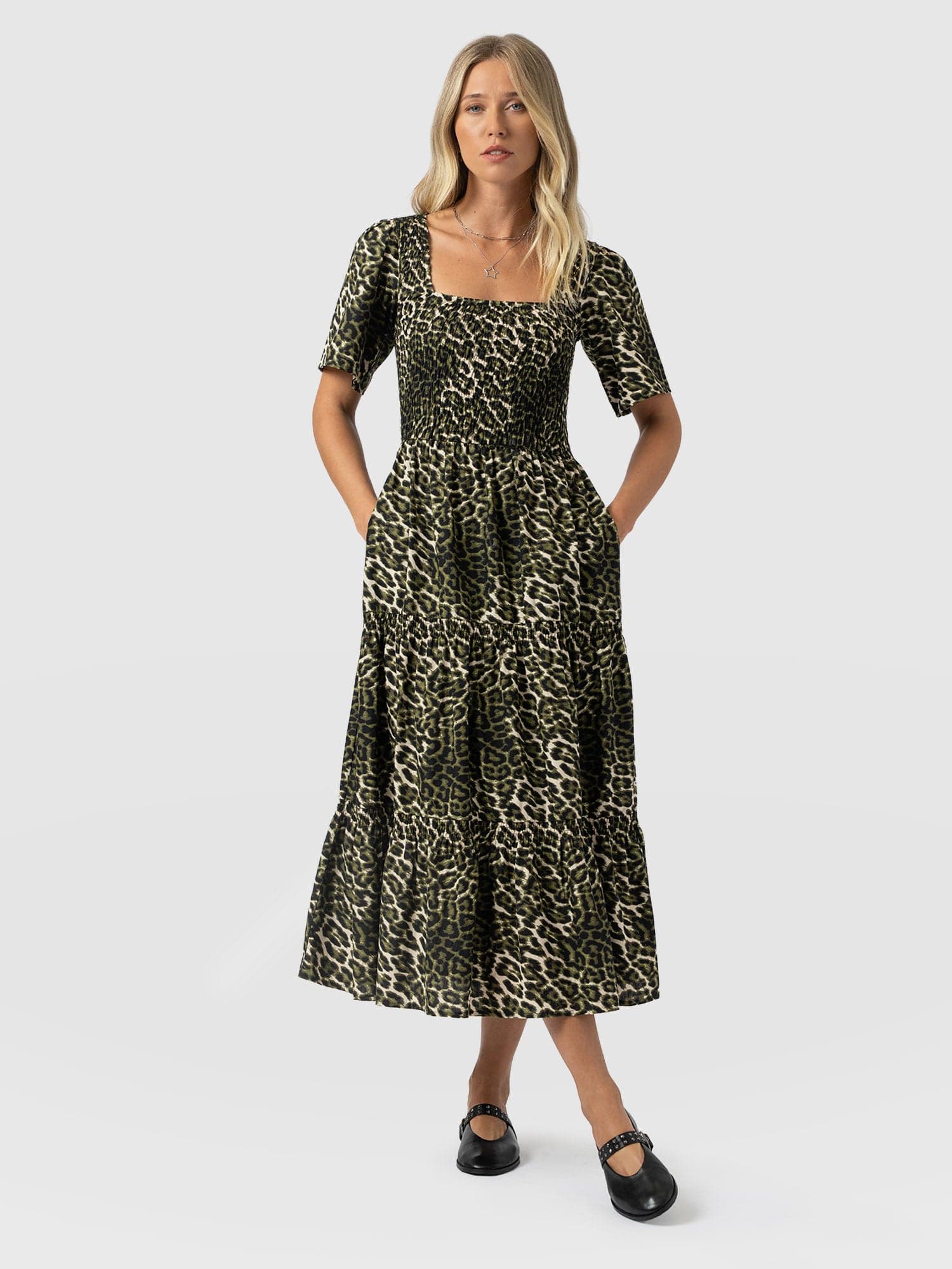 Maya Shirring Short Sleeve Dress - Green Leopard - Women's Dresses | Saint + Sofia® USA