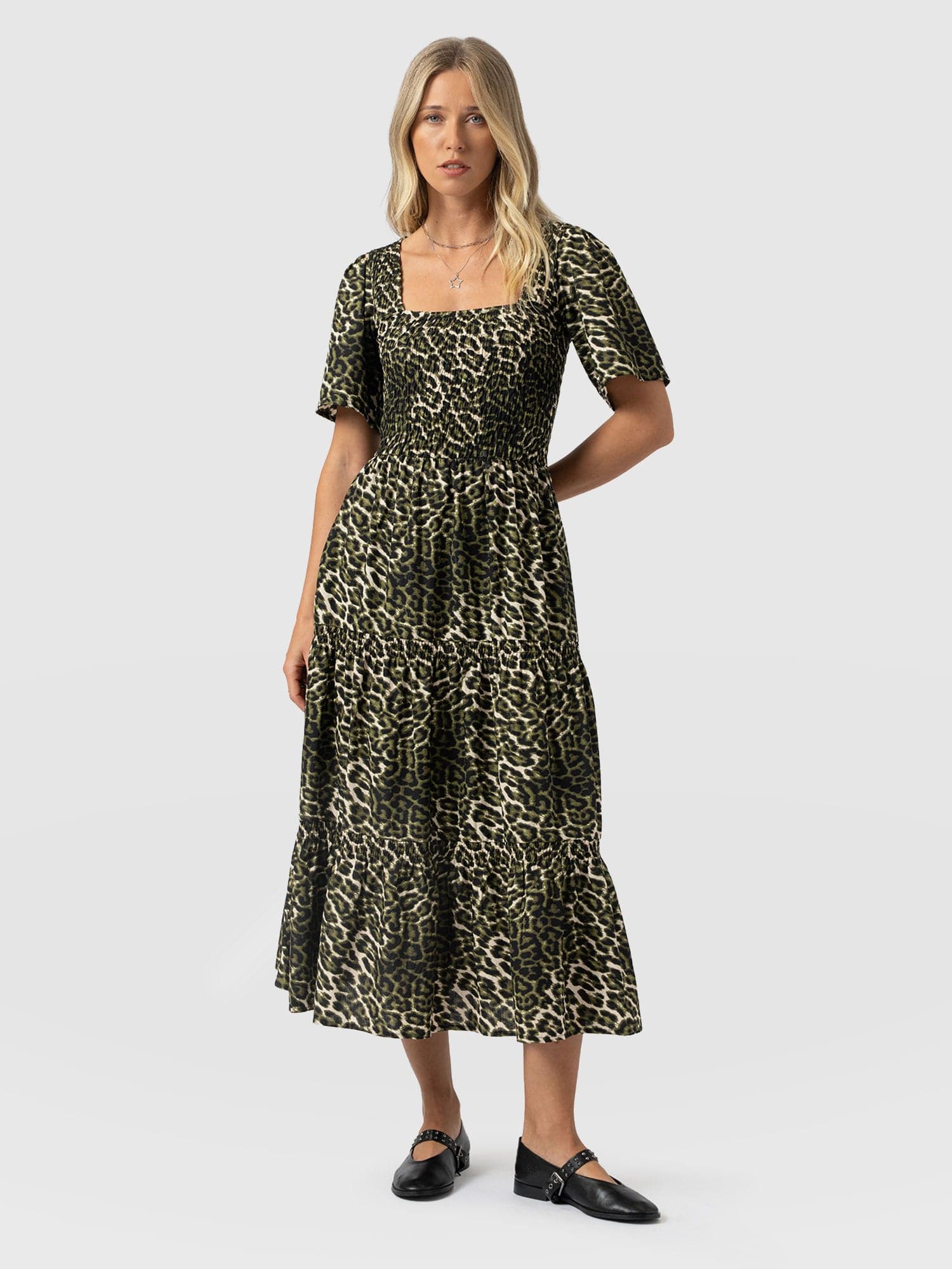 Maya Shirring Short Sleeve Dress - Green Leopard - Women's Dresses | Saint + Sofia® USA