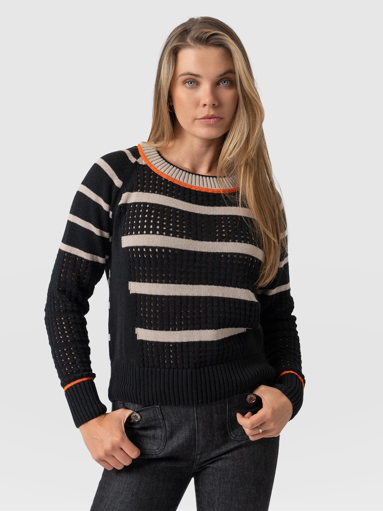 Merino Mix Cambridge Sweater Black/Beige/Orange - Women's Sweaters | Saint + Sofia® USA