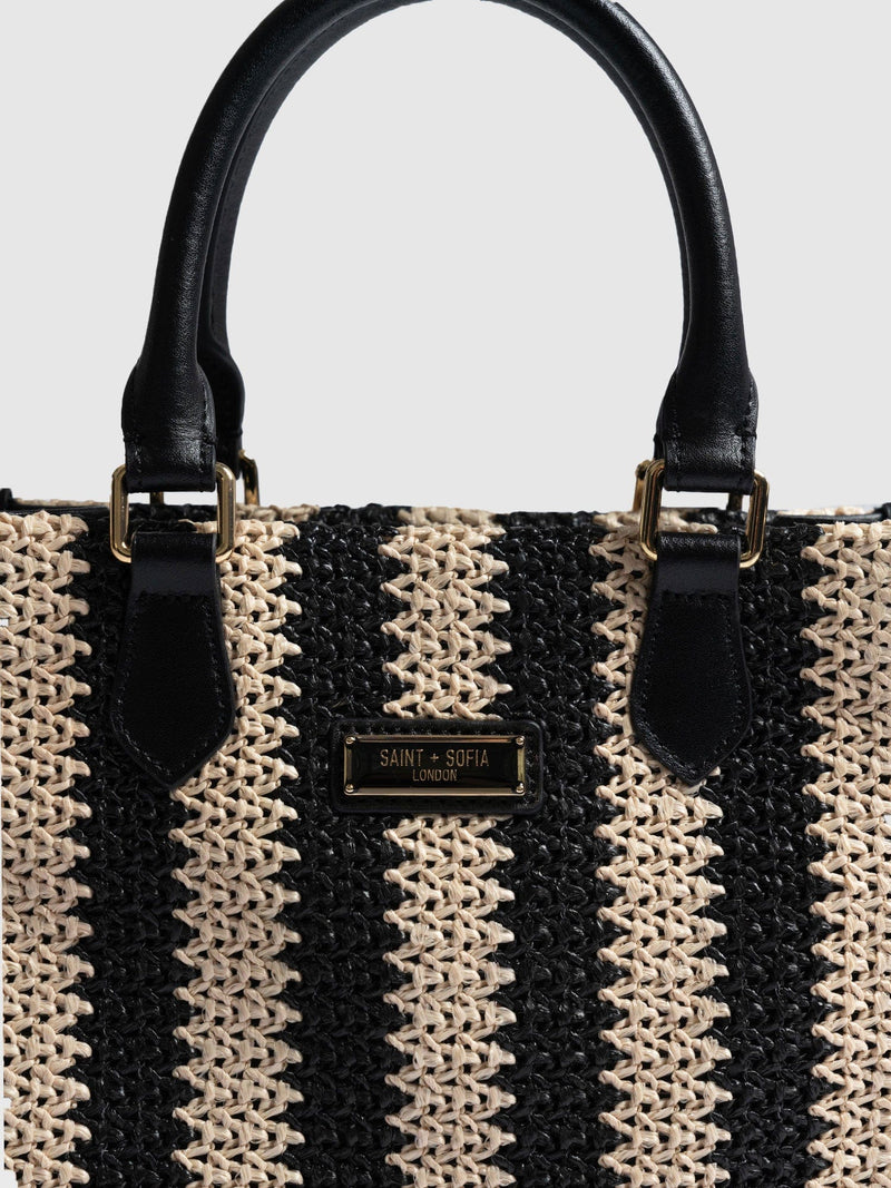 Mia Mini Tote Bag Beige/Black Raffia- Women's Bags | Saint + Sofia® USA