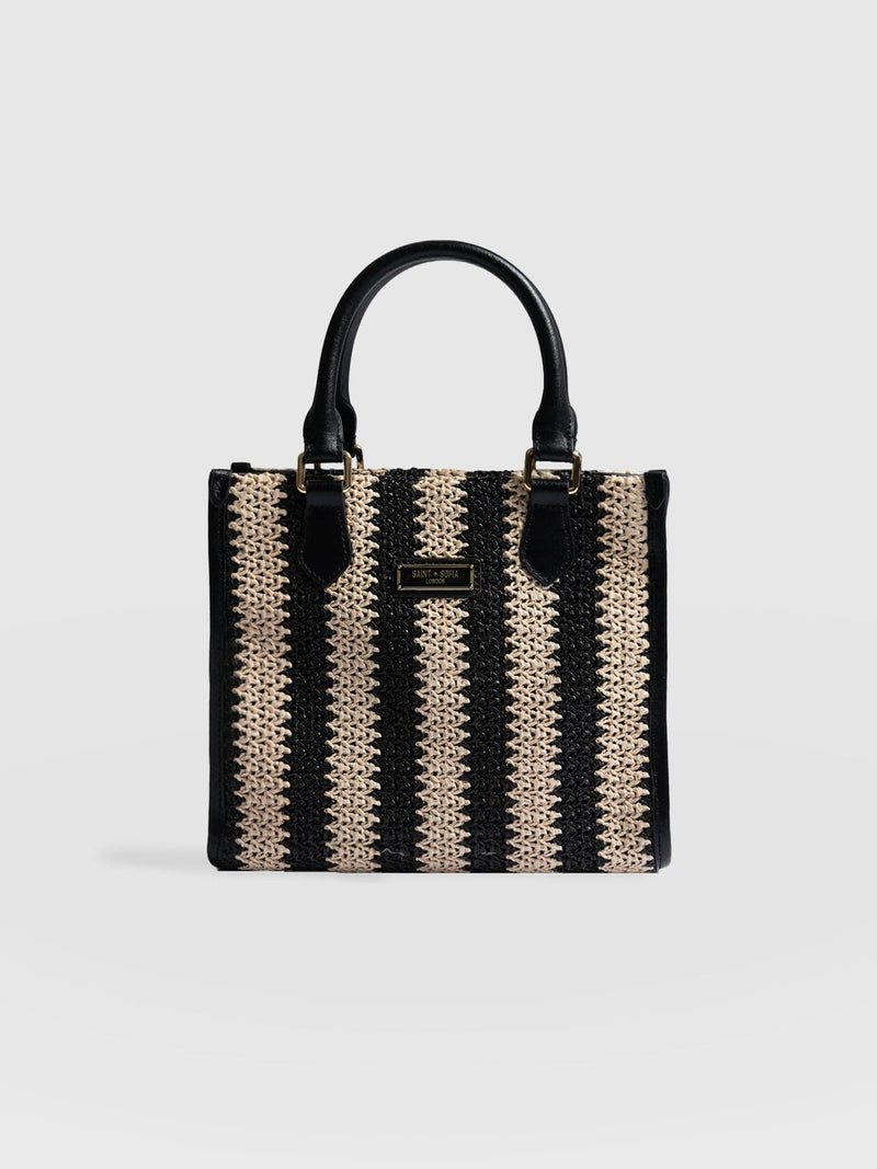 Mia Mini Tote Bag Beige/Black Raffia- Women's Bags | Saint + Sofia® USA