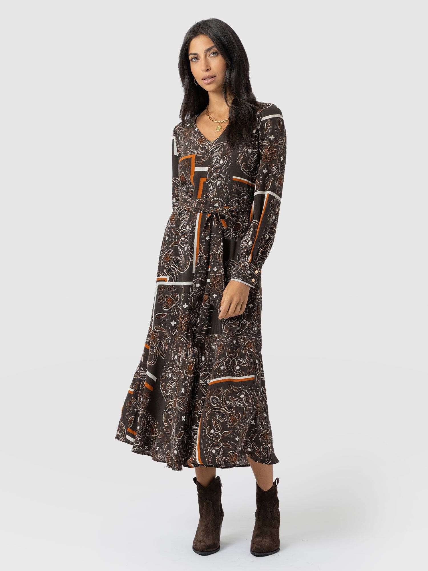 Naya V Neck Dress - Brown Paisley - Women's Dresses | Saint + Sofia? USA