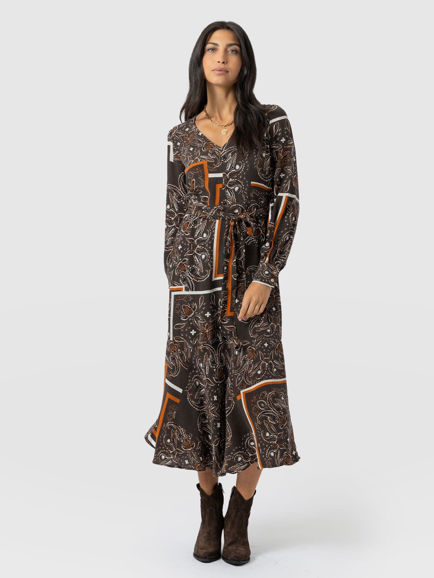 Naya V Neck Dress - Brown Paisley - Women's Dresses | Saint + Sofia? USA