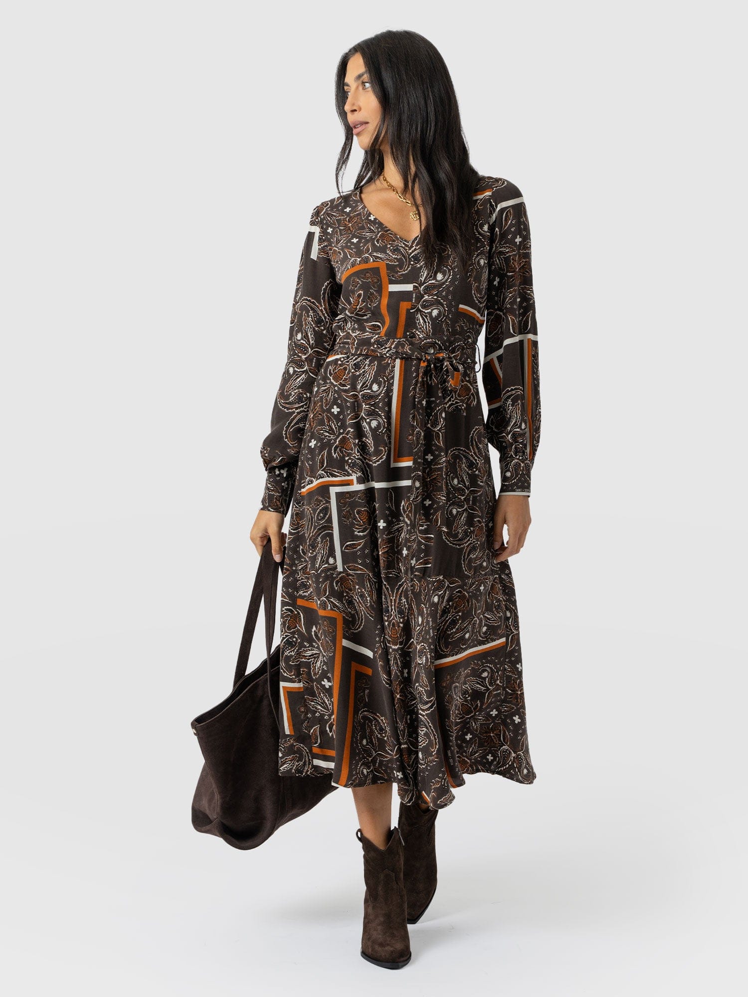 Naya V Neck Dress - Brown Paisley - Women's Dresses | Saint + Sofia? USA